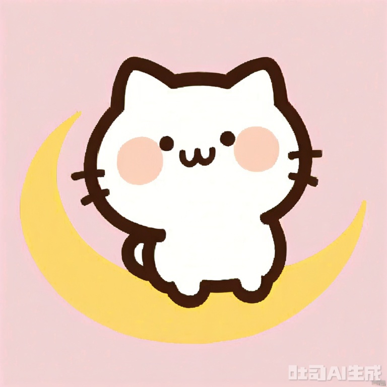 bestquality, 1 white cartoon cat, no human, solo, content smile, round face, small black eyes, petite chubby body, cartoon, sitting on a moon crescent, light pink background
