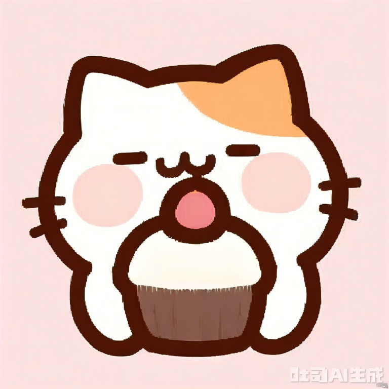 bestquality, 1 white cartoon cat, no human, solo, sleepy expression, round face, small black eyes, petite chubby body, cartoon, holding a tiny cupcake, light pink background