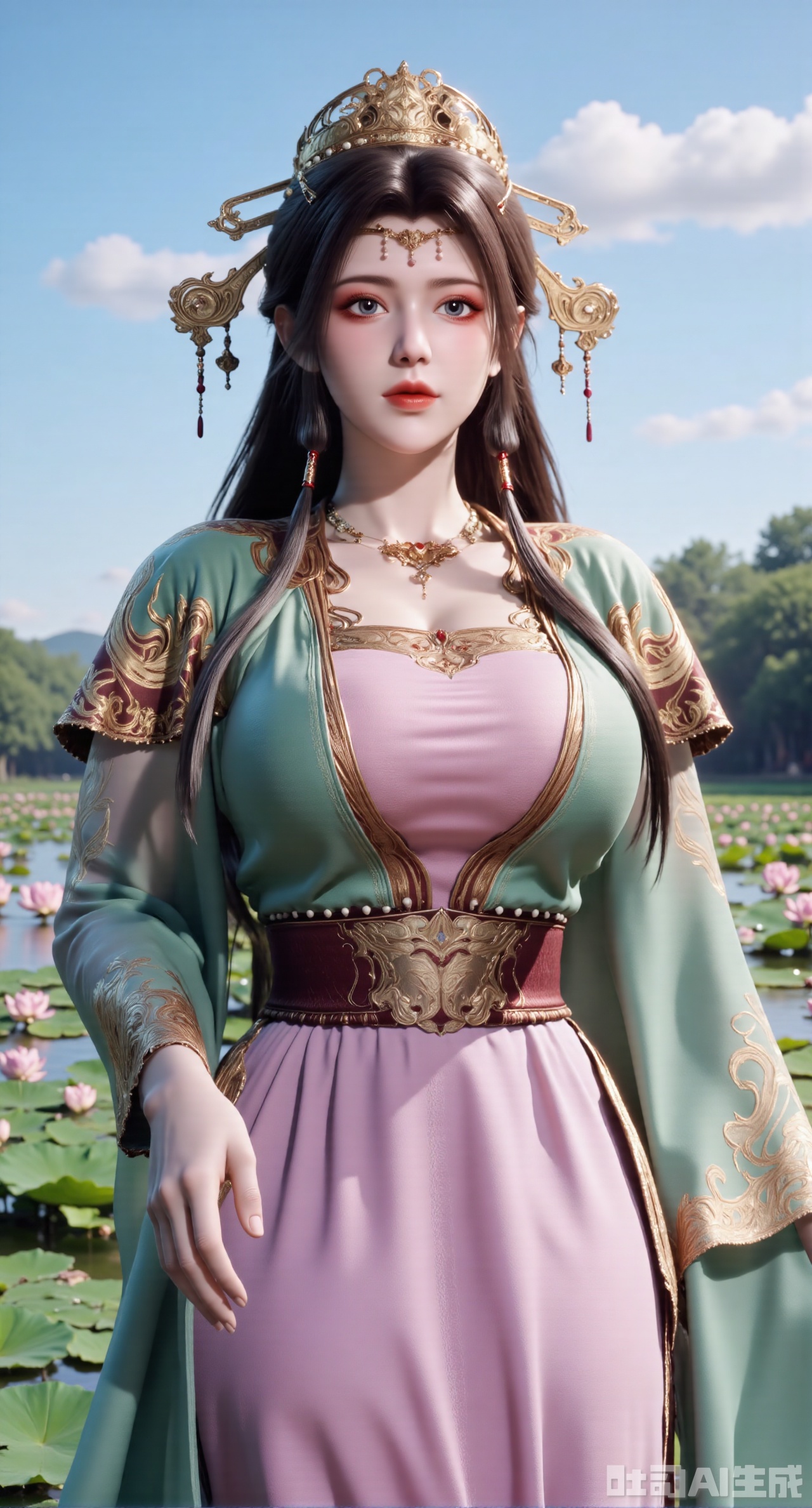 (masterpiece, best quality:1.2),1girl, navel, solo, midriff, shoulders, hair ornament, flower, hair flower, black hair, red lips,BREAK, (looking at viewer:1.39), Song-style Hanfu clothes,(Holographic pink pleated skirt:1.39), (Holographic purple beizi:1.39),(Holographic green Song Dynasty style tube top:1.29),purple eyes,blurry, solo focus, very long hair, lips, daytime, lipstick, outdoors, (upper body,Long legs:1.29),(Extra large cup,K cup:1.49),, background, 1girl, makeup, hair bun,(Blue sky:1.39),( Garden Lotus Pond,pink lotus,green Lotus Leaf:1.39), (huge breasts, full breasts:2.99),XyunxiaoYK,Xsonghanfu,XlingyuyxiuX,XlingyuyxiuX2,Xqinghannu,Xtangqixiongshanqun
