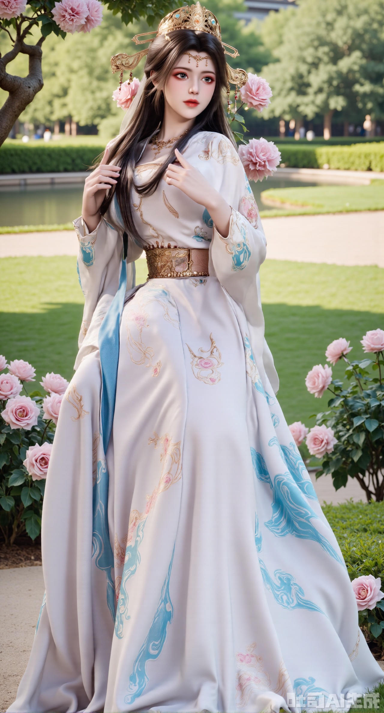 (masterpiece:1.2),best quality,,A woman adorned in traditional Chinese attire,featuring a flowing robe with intricate embroidery and floral accents. A garden filled with pink roses and lush greenery. Soft pastel hues of white,blue,and green,creating a serene atmosphere. Photorealistic photography.,,(huge breasts:2.99),(full breasts:2.99),,XyunxiaoYK,Xsonghanfu,XlingyuyxiuX,XlingyuyxiuX2,Xqinghannu,Xtangqixiongshanqun