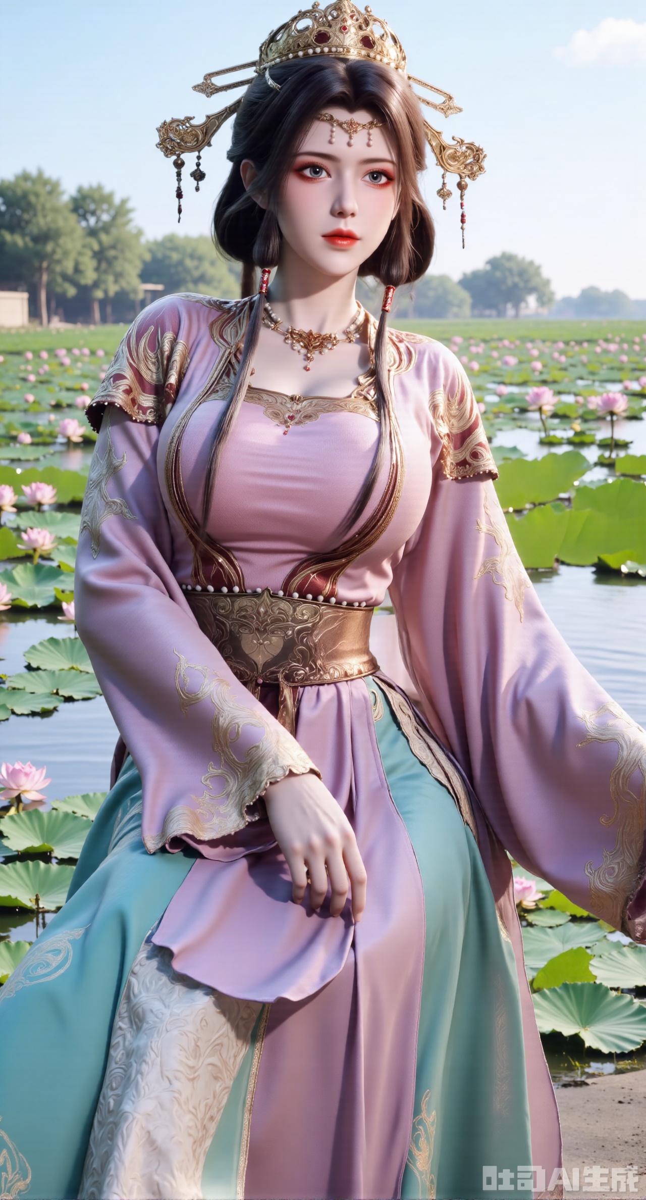 (masterpiece, best quality:1.2),1girl, navel, solo, midriff, shoulders, hair ornament, flower, hair flower, black hair, red lips,BREAK, (looking at viewer:1.39), Song-style Hanfu clothes,(Holographic pink pleated skirt:1.39), (Holographic purple beizi:1.39),(Holographic green Song Dynasty style tube top:1.29),purple eyes,blurry, solo focus, very long hair, lips, daytime, lipstick, outdoors, (upper body,Long legs:1.29),(Extra large cup,K cup:1.49),, background, 1girl, makeup, hair bun,(Blue sky:1.39),( Garden Lotus Pond,pink lotus,green Lotus Leaf:1.39), (huge breasts, full breasts:2.99),XyunxiaoYK,Xsonghanfu,XlingyuyxiuX,XlingyuyxiuX2,Xqinghannu,Xtangqixiongshanqun
