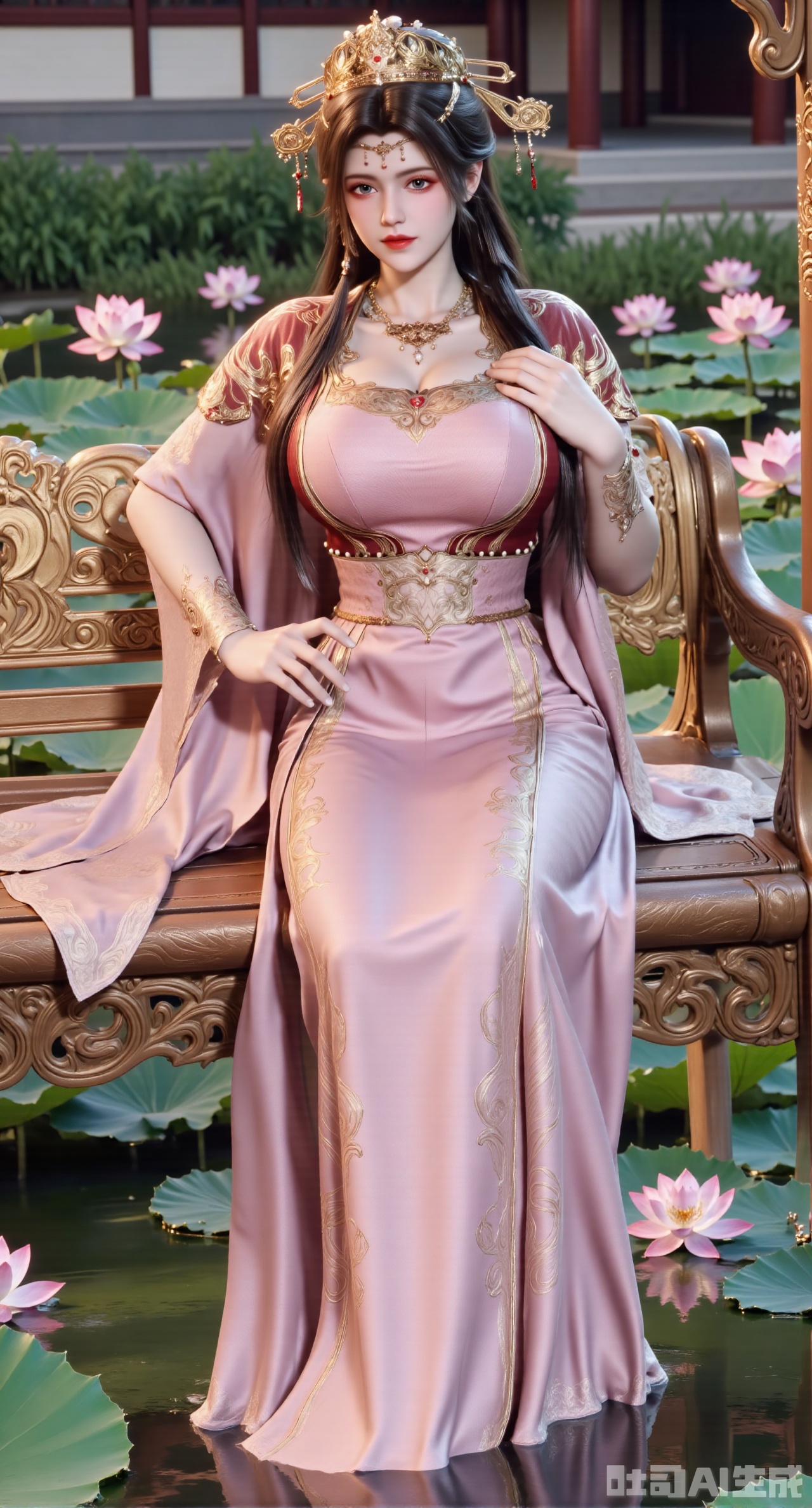 (masterpiece:1.2),best quality,The image is a digital illustration of a young woman sitting on a wooden bench in a pond with lily pads. She is wearing a long dress with design on the chest and sleeves. The dress has a high neckline and short sleeves,Holding a lotus in hand. She has long dark hair styled in loose waves and is wearing gold high heels. The woman is posing with one hand on her hip and the other resting on the edge of the bench. The background is filled with pink and white lotus flowers and green leaves. The overall mood of the image is peaceful and serene,(huge breasts:2.99),(full breasts:2.99),(Background with traditional Chinese architecture, lotus pond and pink lotus flowers:1.39),XyunxiaoYK,Xsonghanfu,XlingyuyxiuX,XlingyuyxiuX2,Xqinghannu,Xtangqixiongshanqun