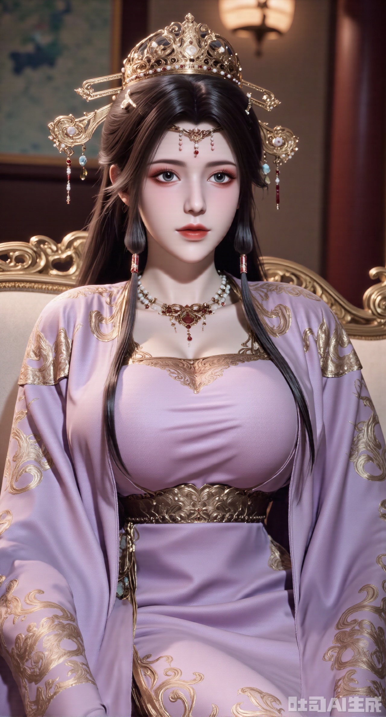 (masterpiece:1.2),best quality,1girl, solo, long hair, breasts, black hair,Hairpins,necklace, hair ornament, dress, cleavage, full body, flower, earrings, indoors, hair bun, (light purple dress1:1), pillow, bed, night, chinese clothes, table, branch,daxiushan, ,daxiushan style,realistic,hanfu,Shoulders are exposed, ,(huge breasts:2.99),(full breasts:2.99),,XyunxiaoYK,Xsonghanfu,XlingyuyxiuX,XlingyuyxiuX2,Xqinghannu,Xtangqixiongshanqun