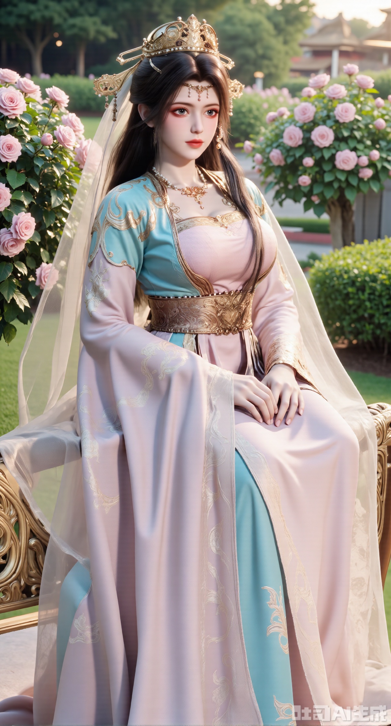 (masterpiece:1.2),best quality,,A woman adorned in traditional Chinese attire,featuring a flowing robe with intricate embroidery and floral accents. A garden filled with pink roses and lush greenery. Soft pastel hues of white,blue,and green,creating a serene atmosphere. Photorealistic photography.,,(huge breasts:2.99),(full breasts:2.99),,XyunxiaoYK,Xsonghanfu,XlingyuyxiuX,XlingyuyxiuX2,Xqinghannu,Xtangqixiongshanqun