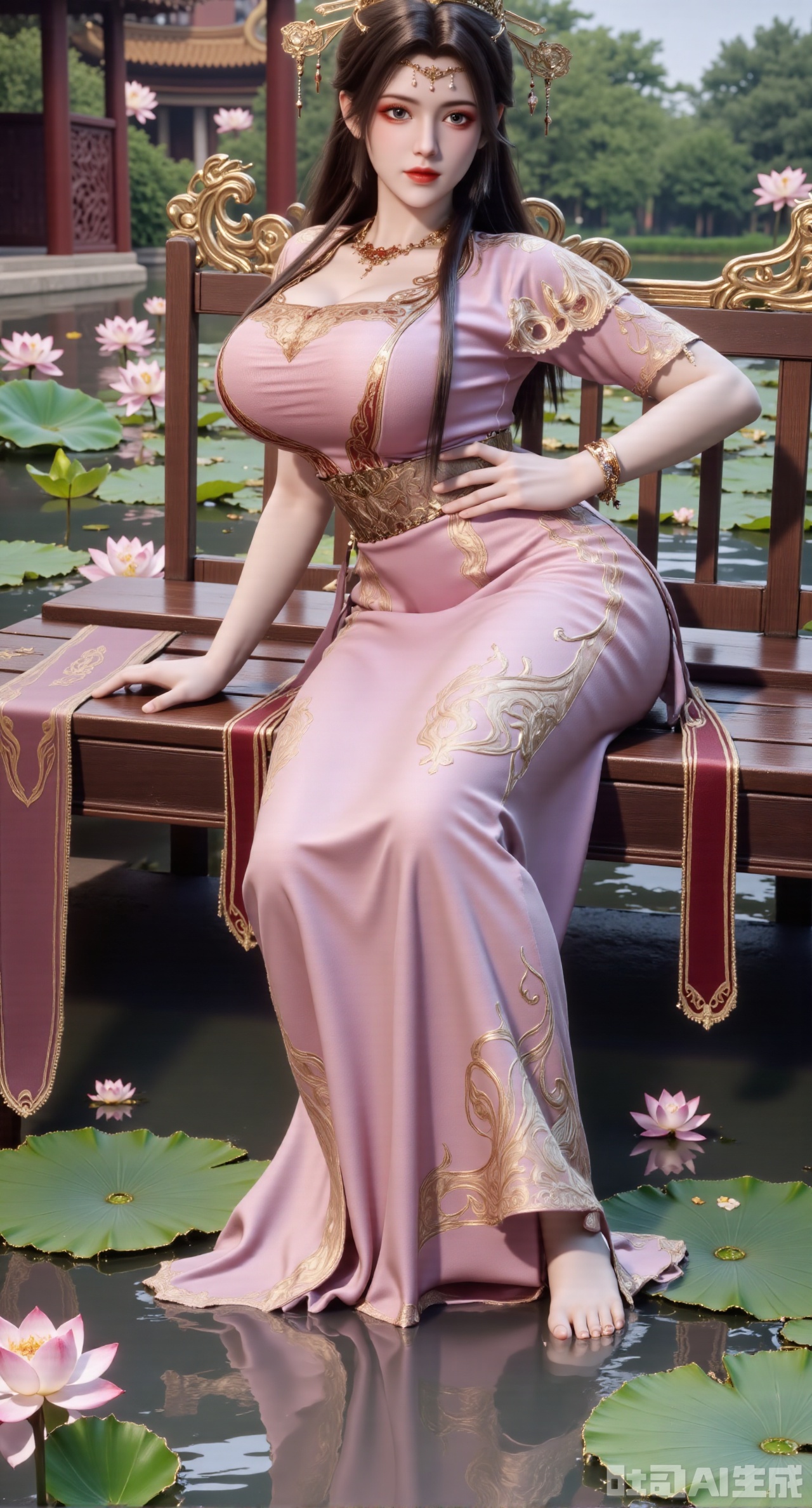 (masterpiece:1.2),best quality,The image is a digital illustration of a young woman sitting on a wooden bench in a pond with lily pads. She is wearing a long dress with design on the chest and sleeves. The dress has a high neckline and short sleeves,Holding a lotus in hand. She has long dark hair styled in loose waves and is wearing gold high heels. The woman is posing with one hand on her hip and the other resting on the edge of the bench. The background is filled with pink and white lotus flowers and green leaves. The overall mood of the image is peaceful and serene,(huge breasts:2.99),(full breasts:2.99),(Background with traditional Chinese architecture, lotus pond and pink lotus flowers:1.39),XyunxiaoYK,Xsonghanfu,XlingyuyxiuX,XlingyuyxiuX2,Xqinghannu,Xtangqixiongshanqun