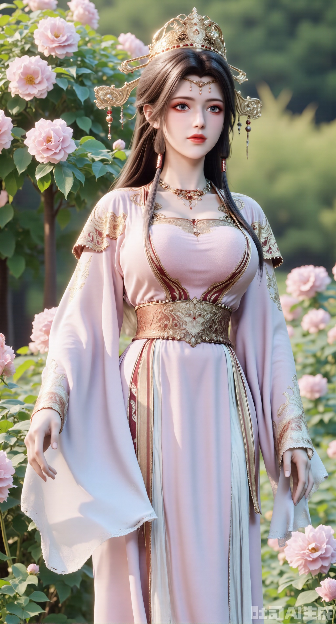 (masterpiece:1.2),best quality,,A woman adorned in traditional Chinese attire,featuring a flowing robe with intricate embroidery and floral accents. A garden filled with pink roses and lush greenery. Soft pastel hues of white,blue,and green,creating a serene atmosphere. Photorealistic photography.,,(huge breasts:2.99),(full breasts:2.99),,XyunxiaoYK,Xsonghanfu,XlingyuyxiuX,XlingyuyxiuX2,Xqinghannu,Xtangqixiongshanqun