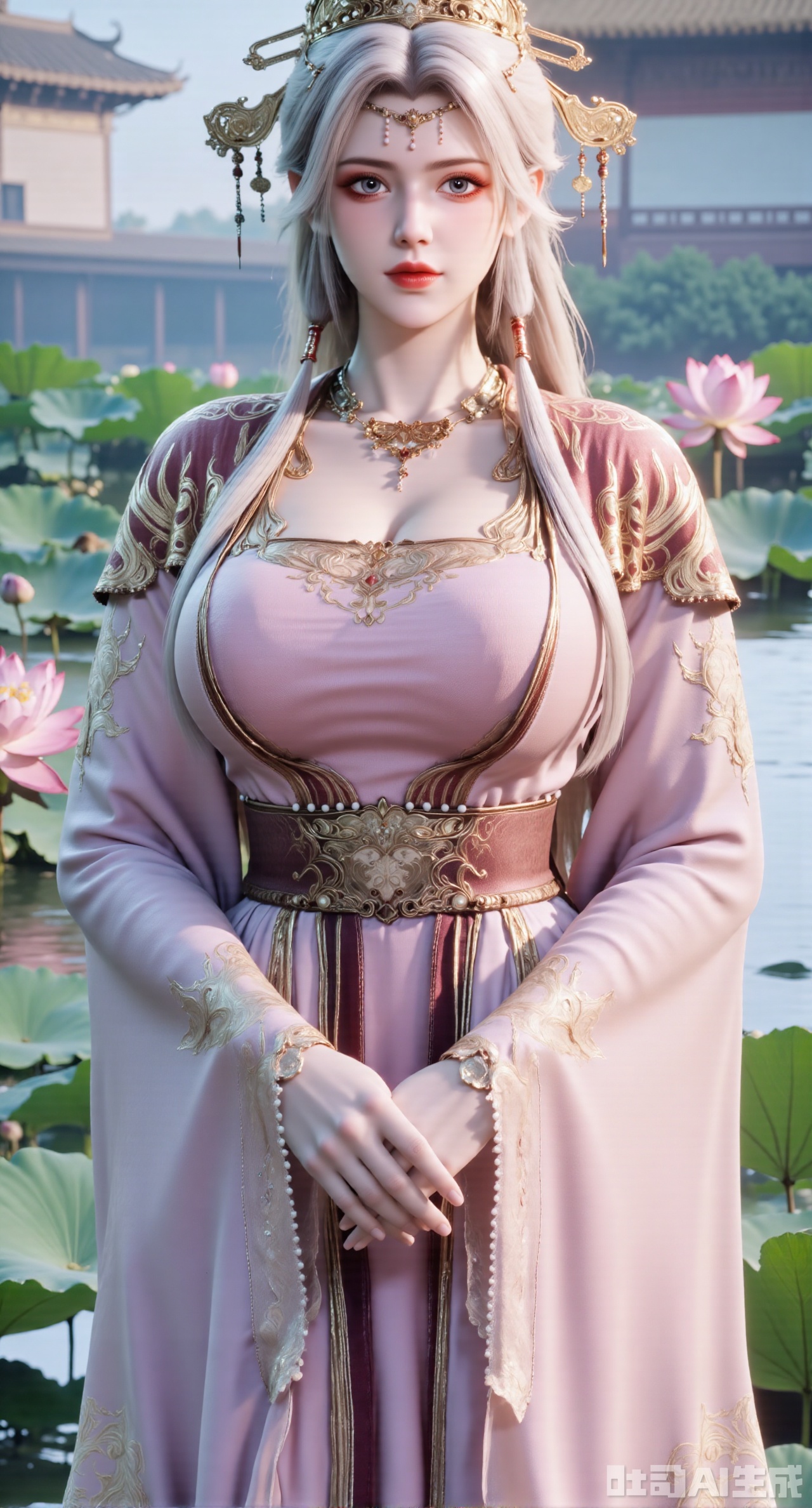  (masterpiece, best quality:1.2),1girl, navel, solo, midriff, bare shoulders, hair ornament, flower, hair flower, long white hair, red lips,BREAK, (looking at viewer:1.39), chinese clothes,(Holographic dress:1.39), (lace,Rainbow Gradient Color:1.29),BREAK,purple eyes,blurry, solo focus, long hair, lips, daytime, lipstick, outdoors, (upper body,,Long legs:1.29), blurry,(huge breasts,full breasts:1.41), background, 1girl, makeup, hair bun,Xyunxiao,(Blue sky:1.39),(Suzhou Garden Lotus Pond,pink lotus,green Lotus Leaf:1.39),(huge breasts:2.99), (full breasts:2.99),,,XyunxiaoYK,Xsonghanfu,XlingyuyxiuX,XlingyuyxiuX2,Xqinghannu,Xtangqixiongshanqun