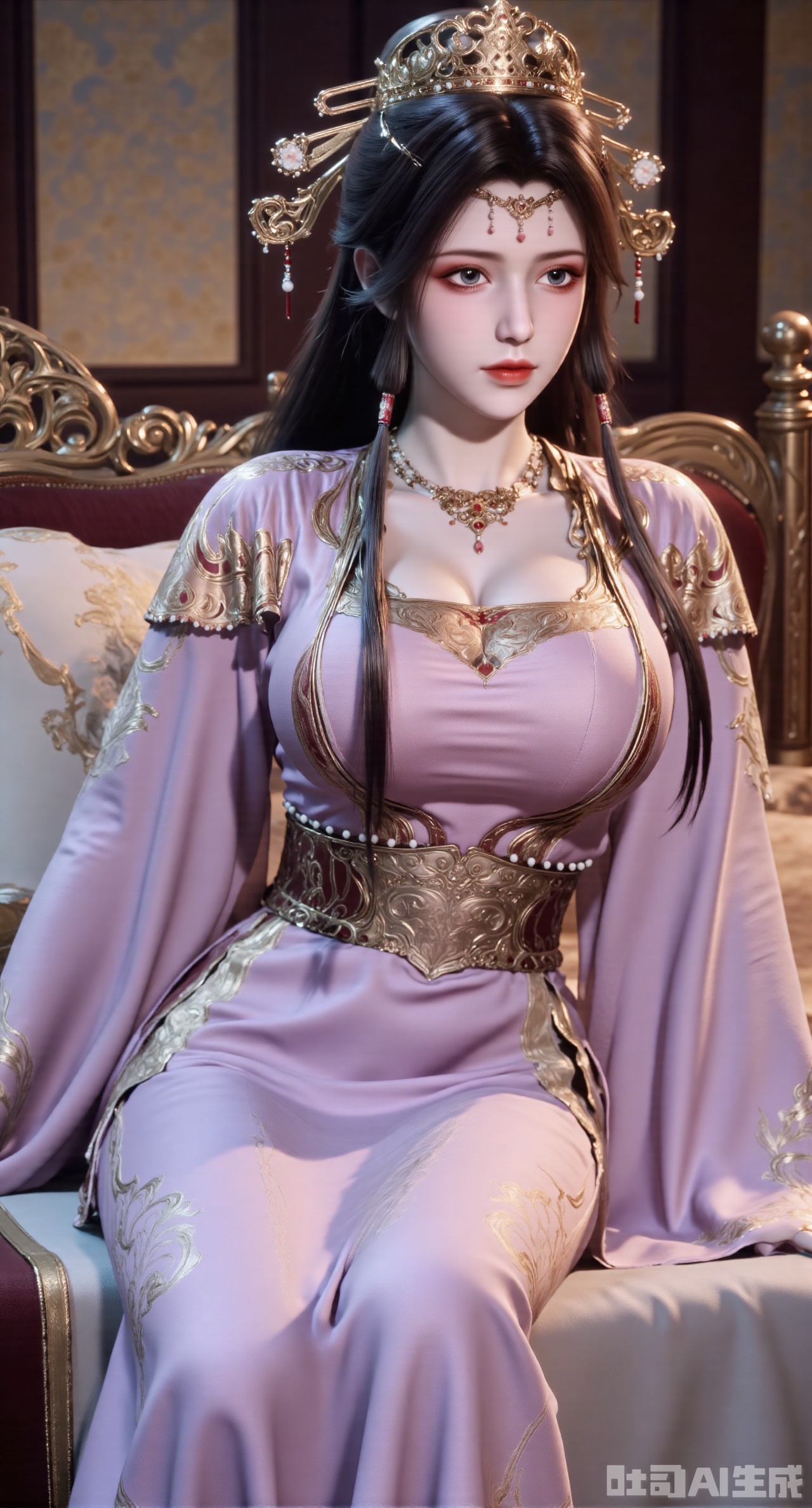 (masterpiece:1.2),best quality,1girl, solo, long hair, breasts, black hair,Hairpins,necklace, hair ornament, dress, cleavage, full body, flower, earrings, indoors, hair bun, (light purple dress1:1), pillow, bed, night, chinese clothes, table, branch,daxiushan, ,daxiushan style,realistic,hanfu,Shoulders are exposed, ,(huge breasts:2.99),(full breasts:2.99),,XyunxiaoYK,Xsonghanfu,XlingyuyxiuX,XlingyuyxiuX2,Xqinghannu,Xtangqixiongshanqun