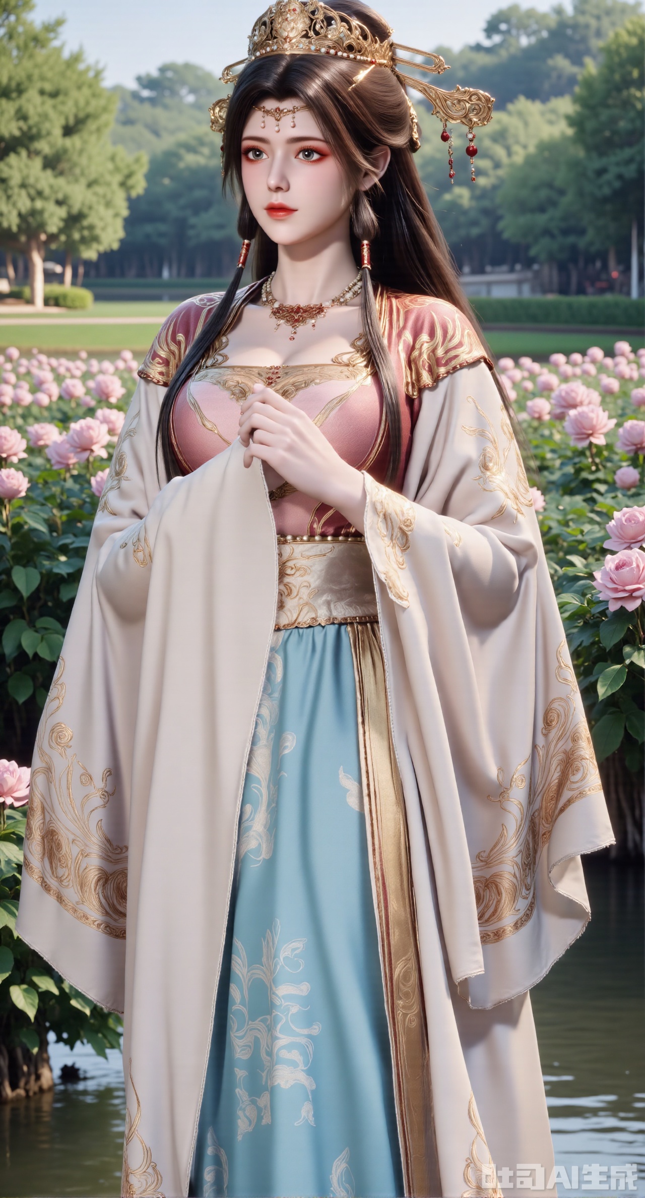 (masterpiece:1.2),best quality,,A woman adorned in traditional Chinese attire,featuring a flowing robe with intricate embroidery and floral accents. A garden filled with pink roses and lush greenery. Soft pastel hues of white,blue,and green,creating a serene atmosphere. Photorealistic photography.,,(huge breasts:2.99),(full breasts:2.99),,XyunxiaoYK,Xsonghanfu,XlingyuyxiuX,XlingyuyxiuX2,Xqinghannu,Xtangqixiongshanqun