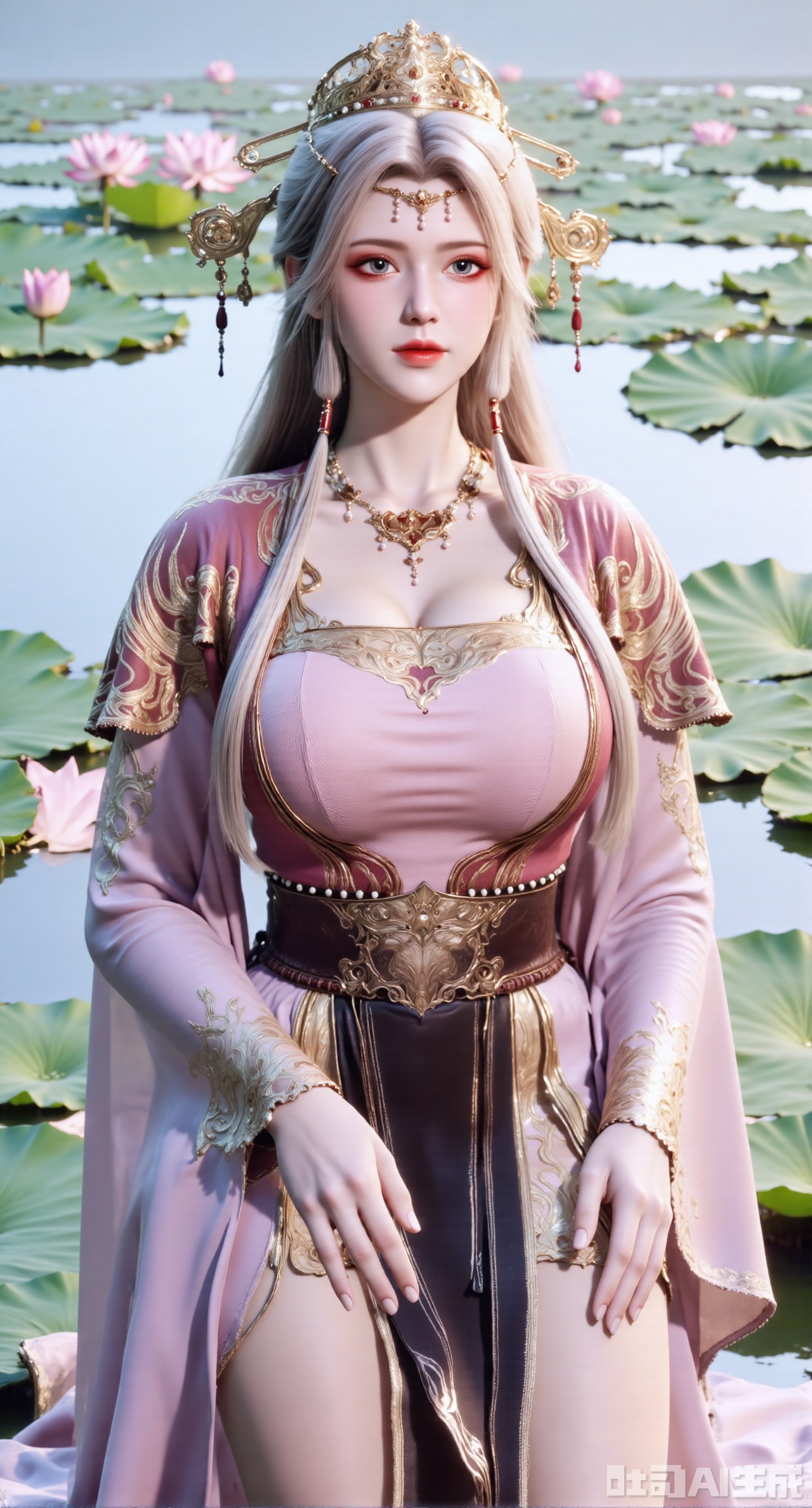  (masterpiece, best quality:1.2),1girl, navel, solo, midriff, bare shoulders, hair ornament, flower, hair flower, long white hair, red lips,BREAK, (looking at viewer:1.39), chinese clothes,(Holographic dress:1.39), (lace,Rainbow Gradient Color:1.29),BREAK,purple eyes,blurry, solo focus, long hair, lips, daytime, lipstick, outdoors, (upper body,,Long legs:1.29), blurry,(huge breasts,full breasts:1.41), background, 1girl, makeup, hair bun,Xyunxiao,(Blue sky:1.39),(Suzhou Garden Lotus Pond,pink lotus,green Lotus Leaf:1.39),(huge breasts:2.99), (full breasts:2.99),,,XyunxiaoYK,Xsonghanfu,XlingyuyxiuX,XlingyuyxiuX2,Xqinghannu,Xtangqixiongshanqun