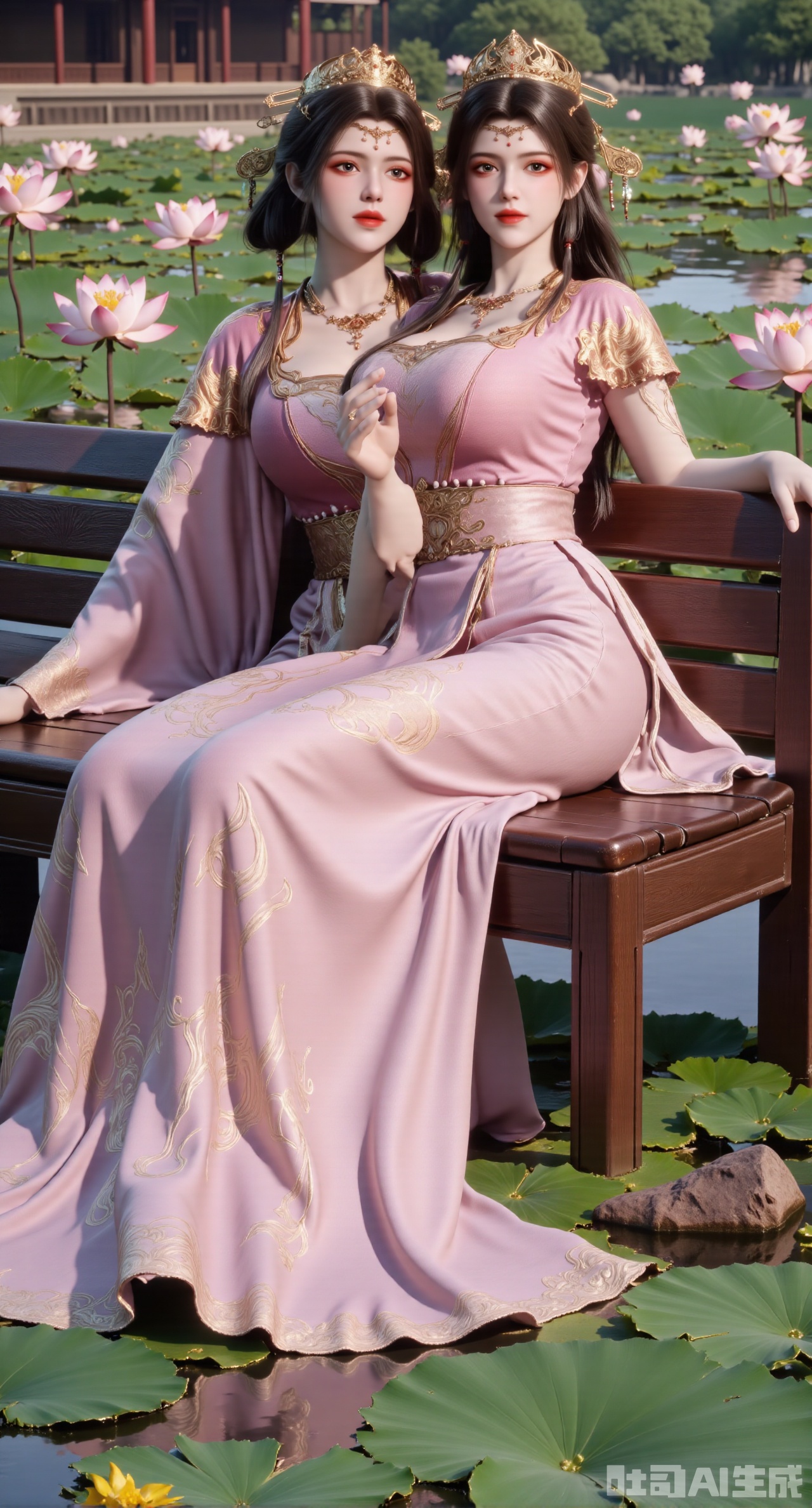 (masterpiece:1.2),best quality,The image is a digital illustration of a young woman sitting on a wooden bench in a pond with lily pads. She is wearing a long dress with design on the chest and sleeves. The dress has a high neckline and short sleeves,Holding a lotus in hand. She has long dark hair styled in loose waves and is wearing gold high heels. The woman is posing with one hand on her hip and the other resting on the edge of the bench. The background is filled with pink and white lotus flowers and green leaves. The overall mood of the image is peaceful and serene,(huge breasts:2.99),(full breasts:2.99),(Background with traditional Chinese architecture, lotus pond and pink lotus flowers:1.39),XyunxiaoYK,Xsonghanfu,XlingyuyxiuX,XlingyuyxiuX2,Xqinghannu,Xtangqixiongshanqun