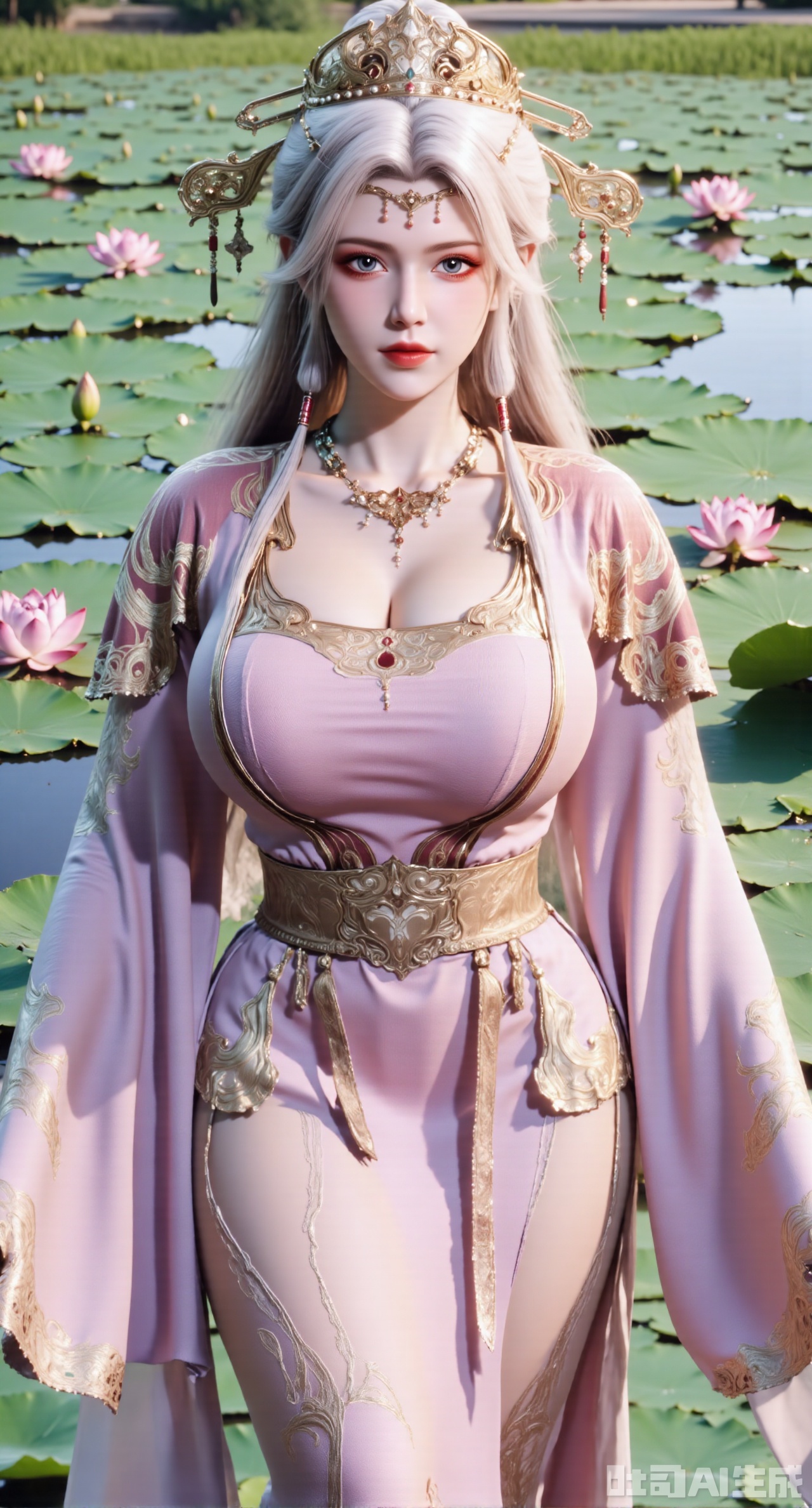  (masterpiece, best quality:1.2),1girl, navel, solo, midriff, bare shoulders, hair ornament, flower, hair flower, long white hair, red lips,BREAK, (looking at viewer:1.39), chinese clothes,(Holographic dress:1.39), (lace,Rainbow Gradient Color:1.29),BREAK,purple eyes,blurry, solo focus, long hair, lips, daytime, lipstick, outdoors, (upper body,,Long legs:1.29), blurry,(huge breasts,full breasts:1.41), background, 1girl, makeup, hair bun,Xyunxiao,(Blue sky:1.39),(Suzhou Garden Lotus Pond,pink lotus,green Lotus Leaf:1.39),(huge breasts:2.99), (full breasts:2.99),,,XyunxiaoYK,Xsonghanfu,XlingyuyxiuX,XlingyuyxiuX2,Xqinghannu,Xtangqixiongshanqun