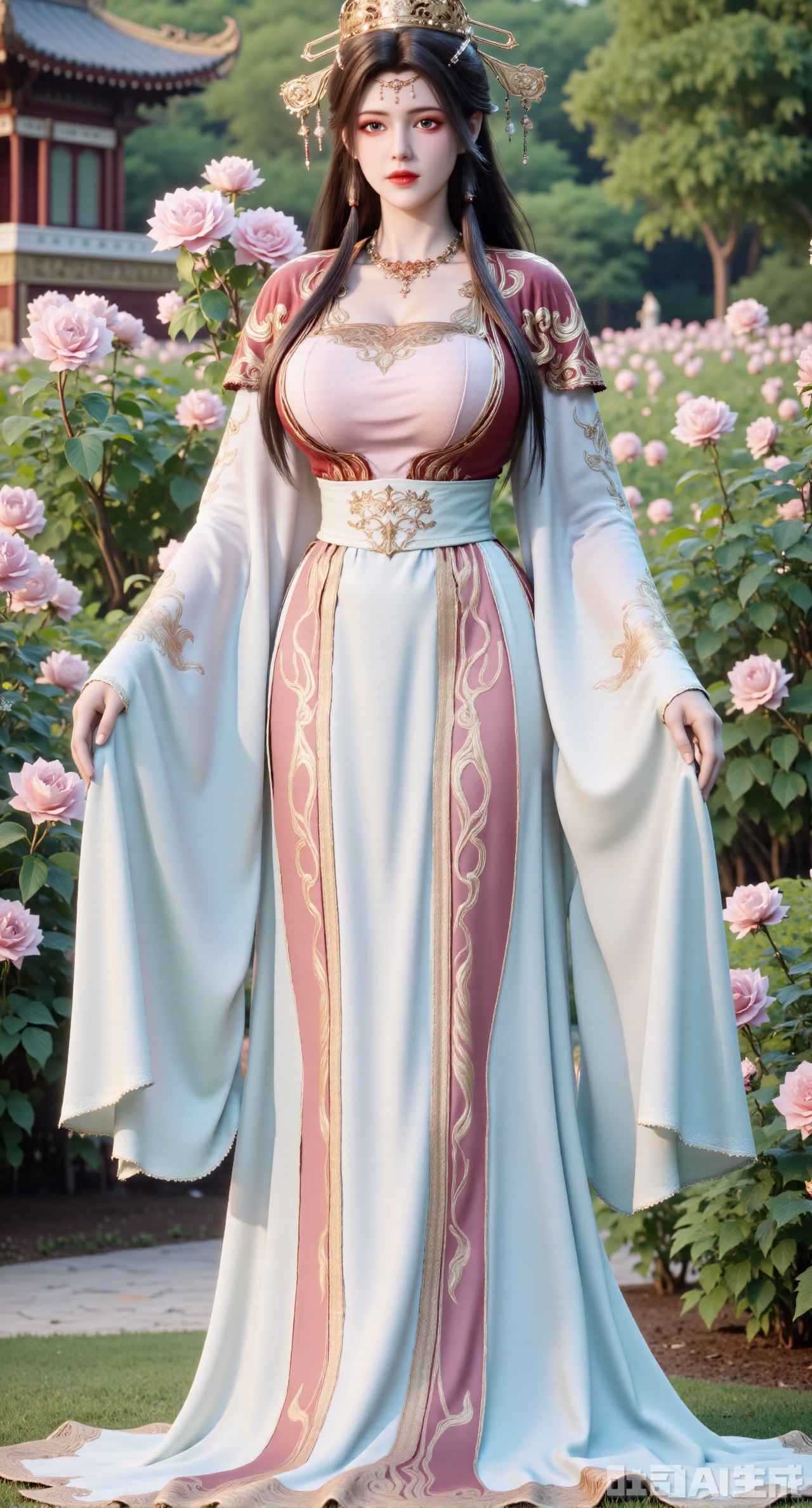 (masterpiece:1.2),best quality,,A woman adorned in traditional Chinese attire,featuring a flowing robe with intricate embroidery and floral accents. A garden filled with pink roses and lush greenery. Soft pastel hues of white,blue,and green,creating a serene atmosphere. Photorealistic photography.,,(huge breasts:2.99),(full breasts:2.99),,XyunxiaoYK,Xsonghanfu,XlingyuyxiuX,XlingyuyxiuX2,Xqinghannu,Xtangqixiongshanqun