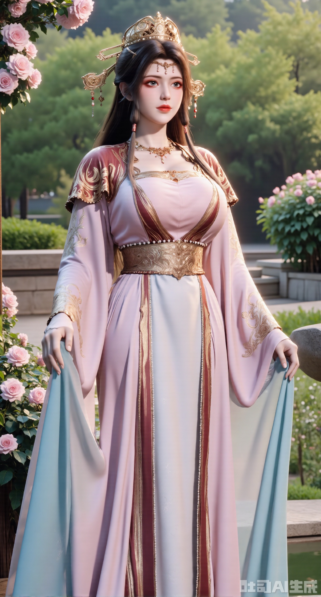 (masterpiece:1.2),best quality,,A woman adorned in traditional Chinese attire,featuring a flowing robe with intricate embroidery and floral accents. A garden filled with pink roses and lush greenery. Soft pastel hues of white,blue,and green,creating a serene atmosphere. Photorealistic photography.,,(huge breasts:2.99),(full breasts:2.99),,XyunxiaoYK,Xsonghanfu,XlingyuyxiuX,XlingyuyxiuX2,Xqinghannu,Xtangqixiongshanqun