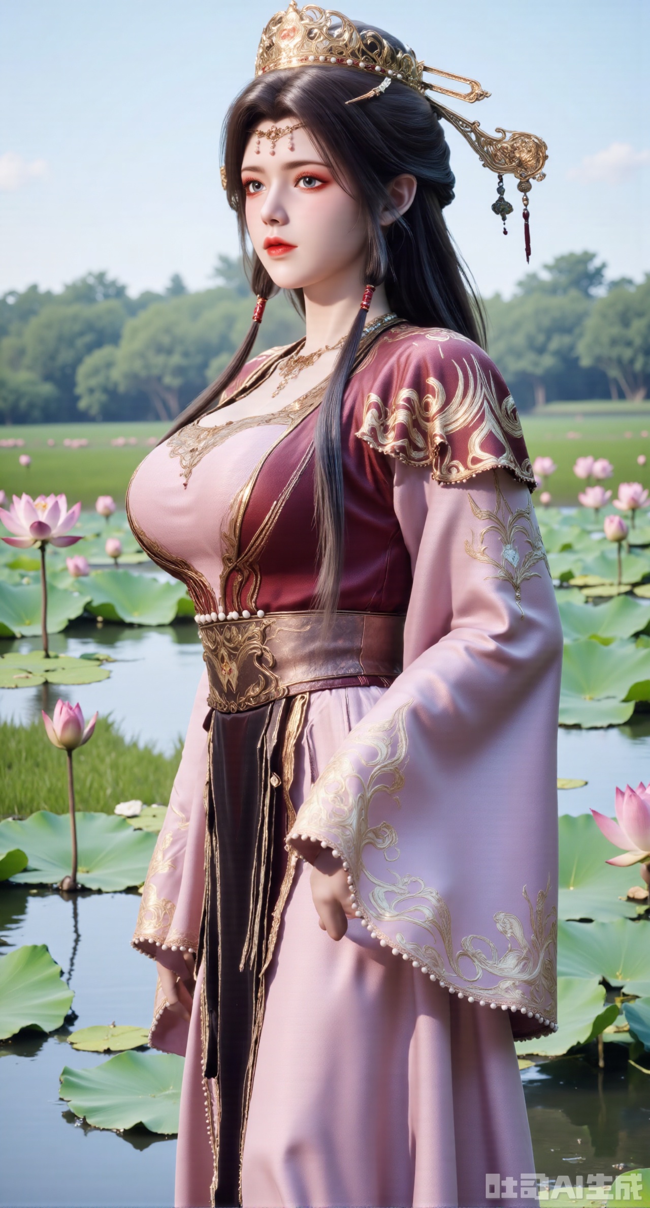 (masterpiece, best quality:1.2),1girl, navel, solo, midriff, shoulders, hair ornament, flower, hair flower, black hair, red lips,BREAK, (looking at viewer:1.39), Song-style Hanfu clothes,(Holographic pink pleated skirt:1.39), (Holographic purple beizi:1.39),(Holographic green Song Dynasty style tube top:1.29),purple eyes,blurry, solo focus, very long hair, lips, daytime, lipstick, outdoors, (upper body,Long legs:1.29),(Extra large cup,K cup:1.49),, background, 1girl, makeup, hair bun,(Blue sky:1.39),( Garden Lotus Pond,pink lotus,green Lotus Leaf:1.39), (huge breasts, full breasts:2.99),XyunxiaoYK,Xsonghanfu,XlingyuyxiuX,XlingyuyxiuX2,Xqinghannu,Xtangqixiongshanqun