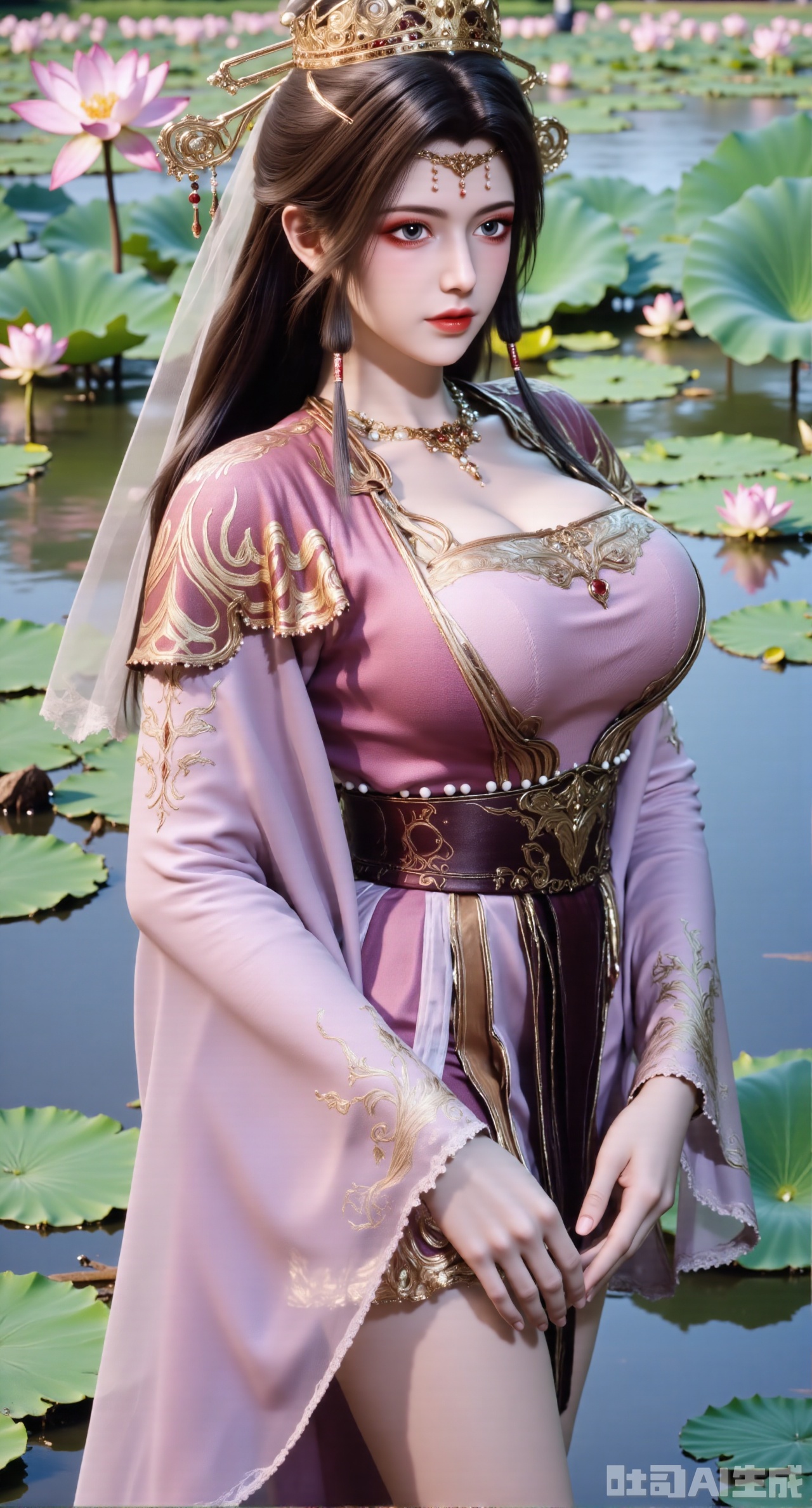 (masterpiece, best quality:1.2),1girl, navel, solo, midriff, shoulders, hair ornament, flower, hair flower, black hair, red lips,BREAK, (looking at viewer:1.39), Song-style Hanfu clothes,(Holographic pink pleated skirt:1.39), (Holographic purple beizi:1.39),(Holographic green Song Dynasty style tube top:1.29),purple eyes,blurry, solo focus, very long hair, lips, daytime, lipstick, outdoors, (upper body,Long legs:1.29),(Extra large cup,K cup:1.49),, background, 1girl, makeup, hair bun,(Blue sky:1.39),( Garden Lotus Pond,pink lotus,green Lotus Leaf:1.39), (huge breasts, full breasts:2.99),XyunxiaoYK,Xsonghanfu,XlingyuyxiuX,XlingyuyxiuX2,Xqinghannu,Xtangqixiongshanqun