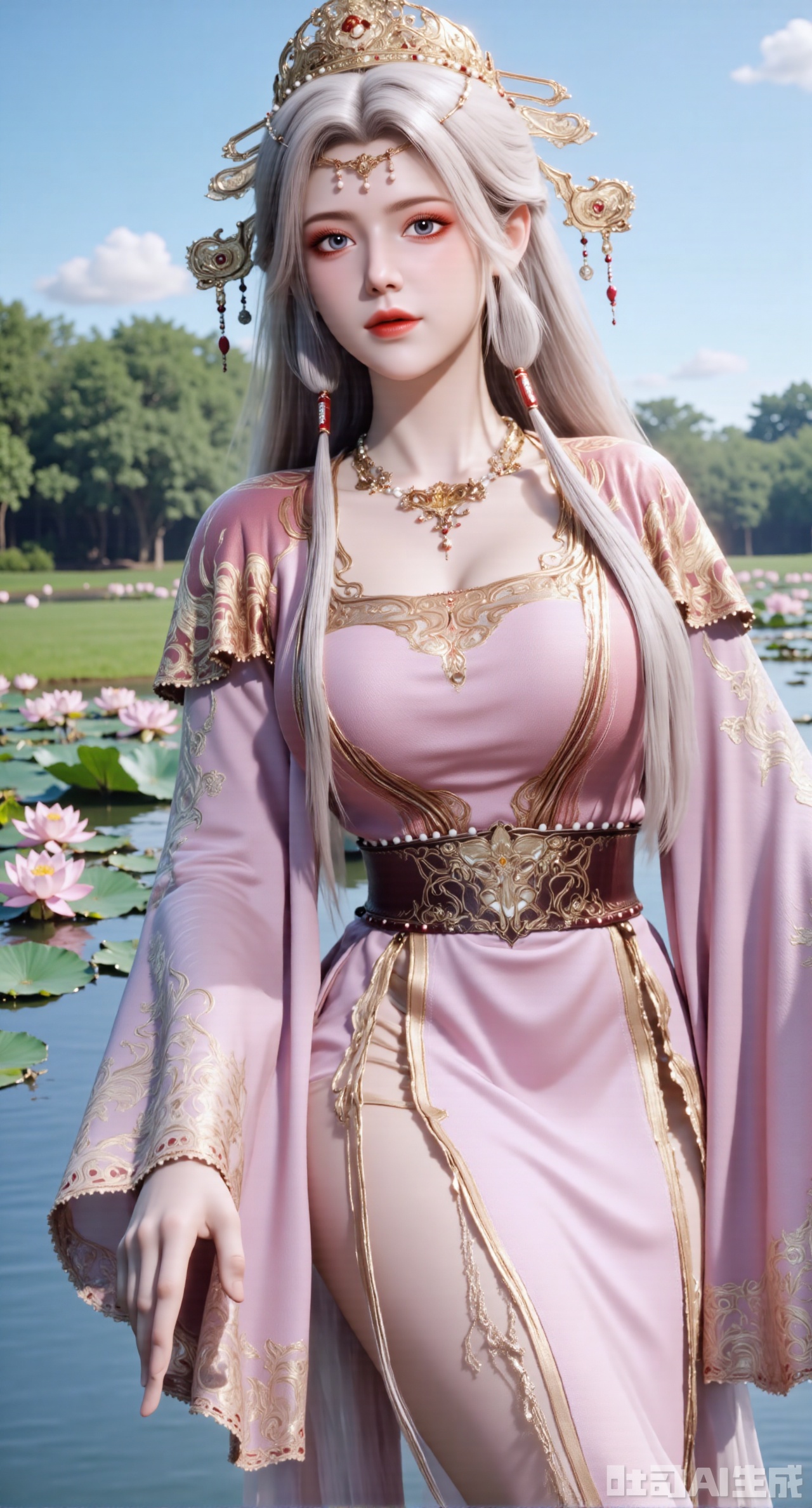  (masterpiece, best quality:1.2),1girl, navel, solo, midriff, bare shoulders, hair ornament, flower, hair flower, long white hair, red lips,BREAK, (looking at viewer:1.39), chinese clothes,(Holographic dress:1.39), (lace,Rainbow Gradient Color:1.29),BREAK,purple eyes,blurry, solo focus, long hair, lips, daytime, lipstick, outdoors, (upper body,,Long legs:1.29), blurry,(huge breasts,full breasts:1.41), background, 1girl, makeup, hair bun,Xyunxiao,(Blue sky:1.39),(Suzhou Garden Lotus Pond,pink lotus,green Lotus Leaf:1.39),(huge breasts:2.99), (full breasts:2.99),,,XyunxiaoYK,Xsonghanfu,XlingyuyxiuX,XlingyuyxiuX2,Xqinghannu,Xtangqixiongshanqun