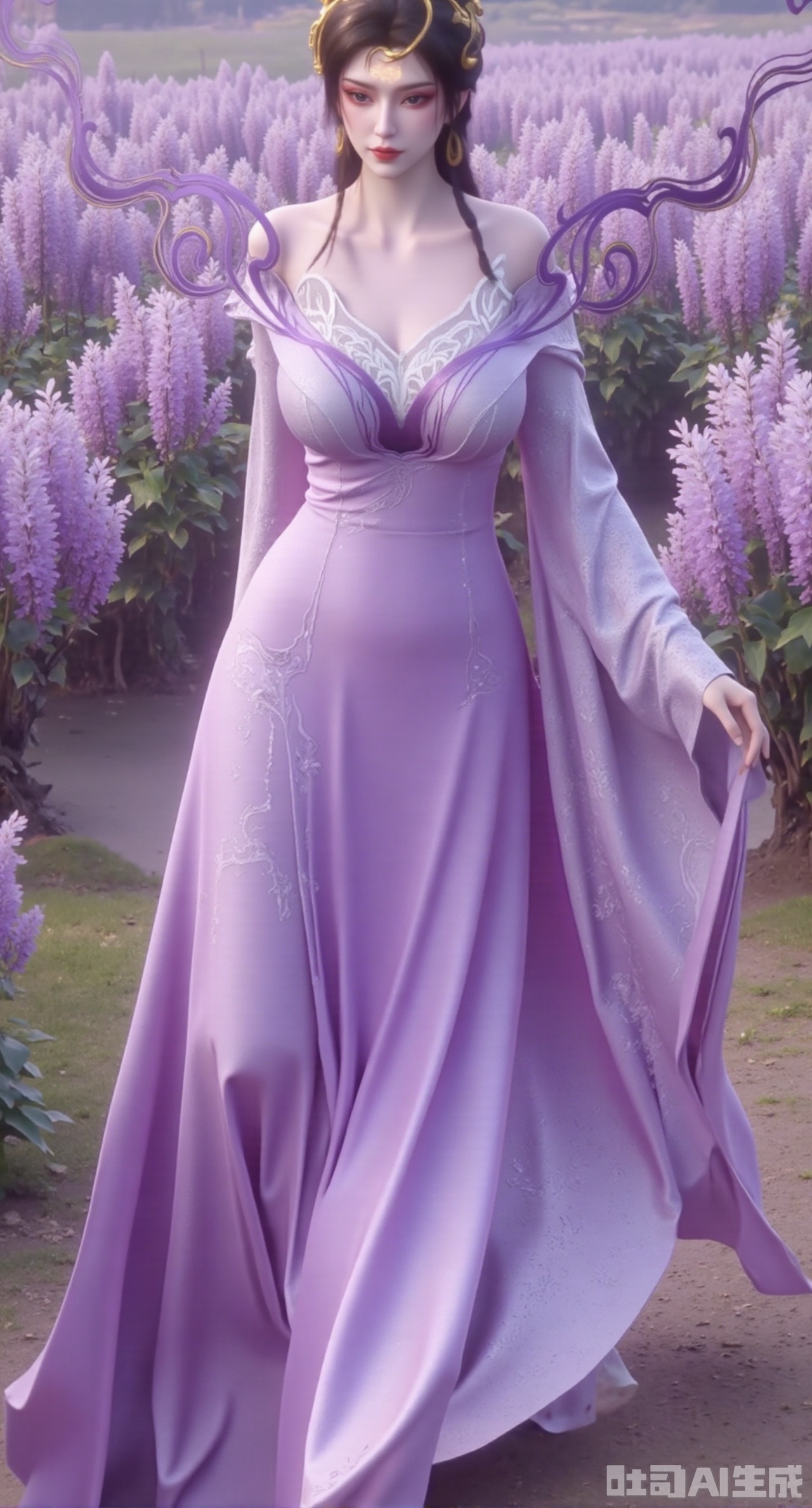 (masterpiece,best quality:1.23),Big - breasted and long - legged beauty in an otherworldly purple long dress, with a field of blooming wisteria as the background,(huge breasts, full breasts:2.98),Xhanfududou,Xsongzhihanfu,Xlujiajia,Xyanqingfei,XfuqingyunY,Xtangqixiongshanqun,Xfeitianhanfu,Xqinghannu,XmeijiX2,XmeijiX