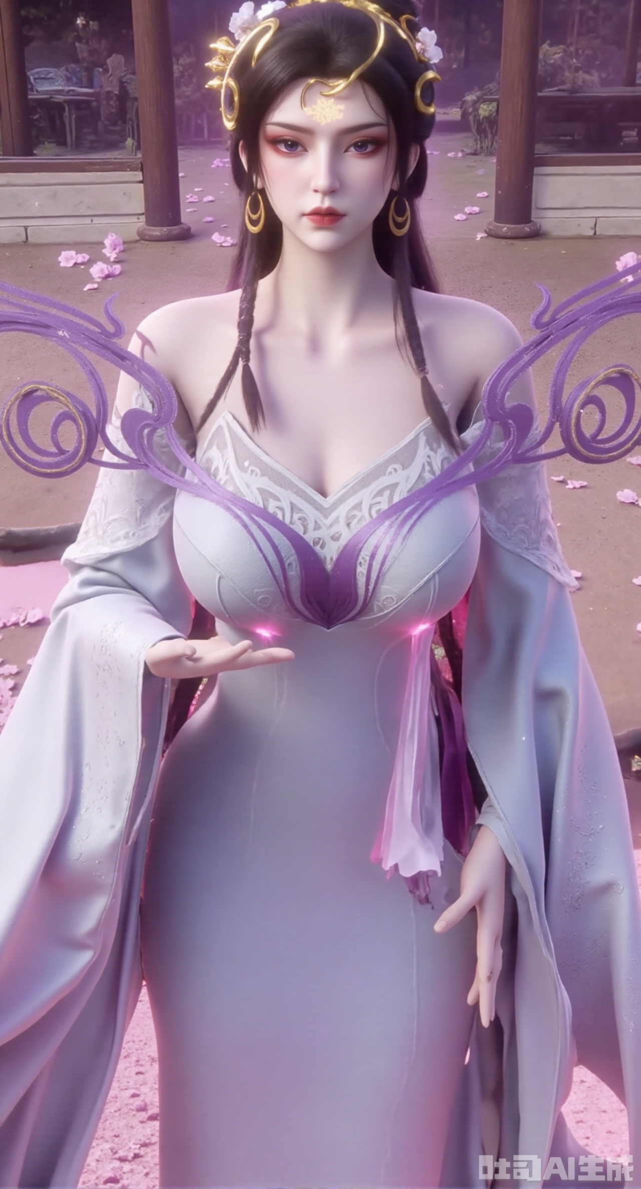 (masterpiece, best quality:1.2),1girl, solo, long hair, breasts, looking at viewer, large breasts, hair ornament, dress, bare shoulders, jewelry, purple eyes, long hair, flower, earrings, outdoors, parted lips, necklace, hand on hip, petals, hanfu dress, cherry blossoms, long dress, architecture, east asian architecture, falling petals,(gigantic breasts:2.99),(full breasts:2.99),,Xhanfududou,Xsongzhihanfu,Xlujiajia,Xyanqingfei,XfuqingyunY,Xtangqixiongshanqun,Xfeitianhanfu,Xqinghannu,XmeijiX2,XmeijiX