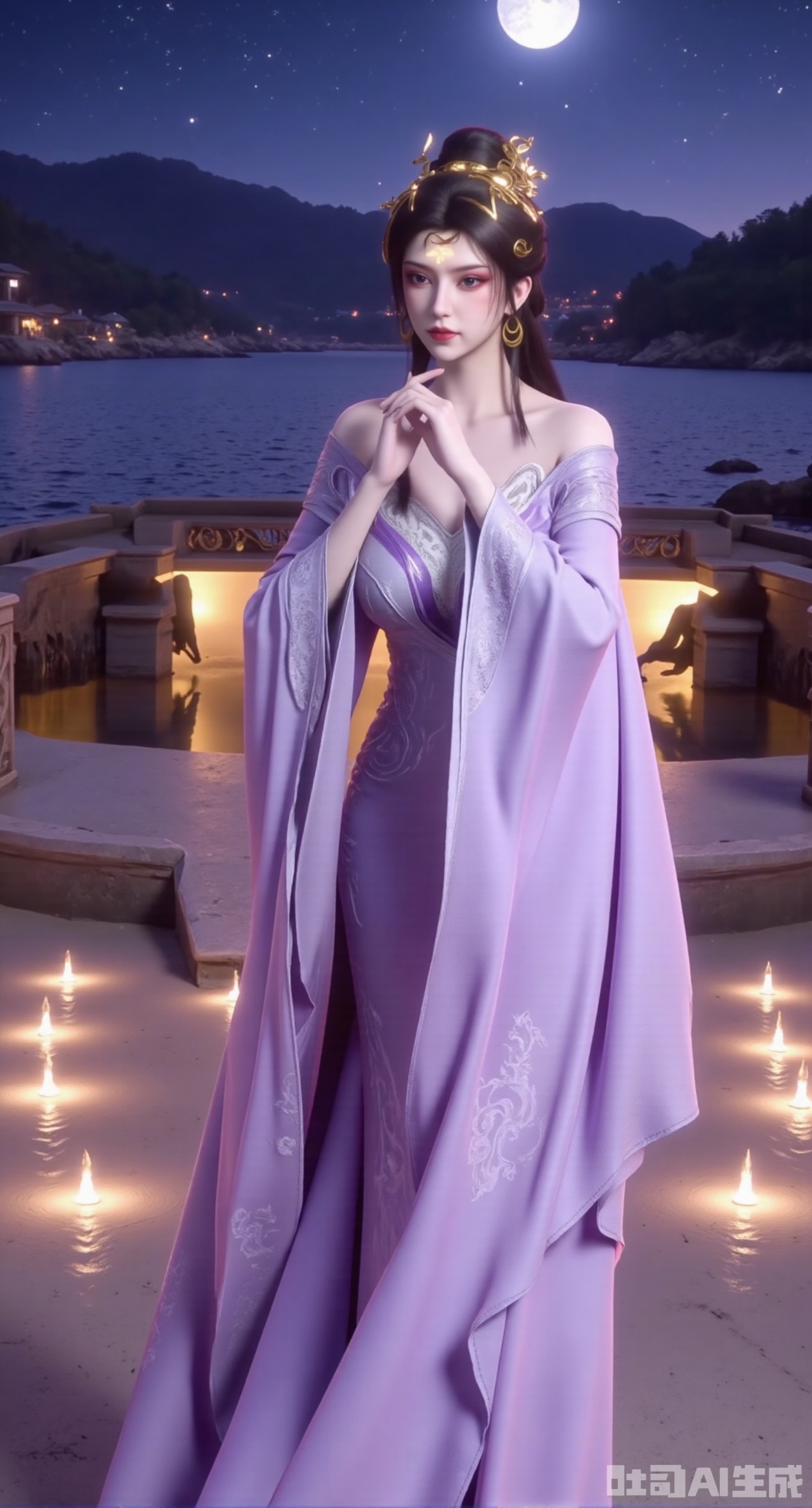 (masterpiece,best quality:1.23),A long - legged and elegant beauty in an airy purple long dress, with a shimmering lake under a moonlit night as the background,(huge breasts, full breasts:2.98),Xhanfududou,Xsongzhihanfu,Xlujiajia,Xyanqingfei,XfuqingyunY,Xtangqixiongshanqun,Xfeitianhanfu,Xqinghannu,XmeijiX2,XmeijiX