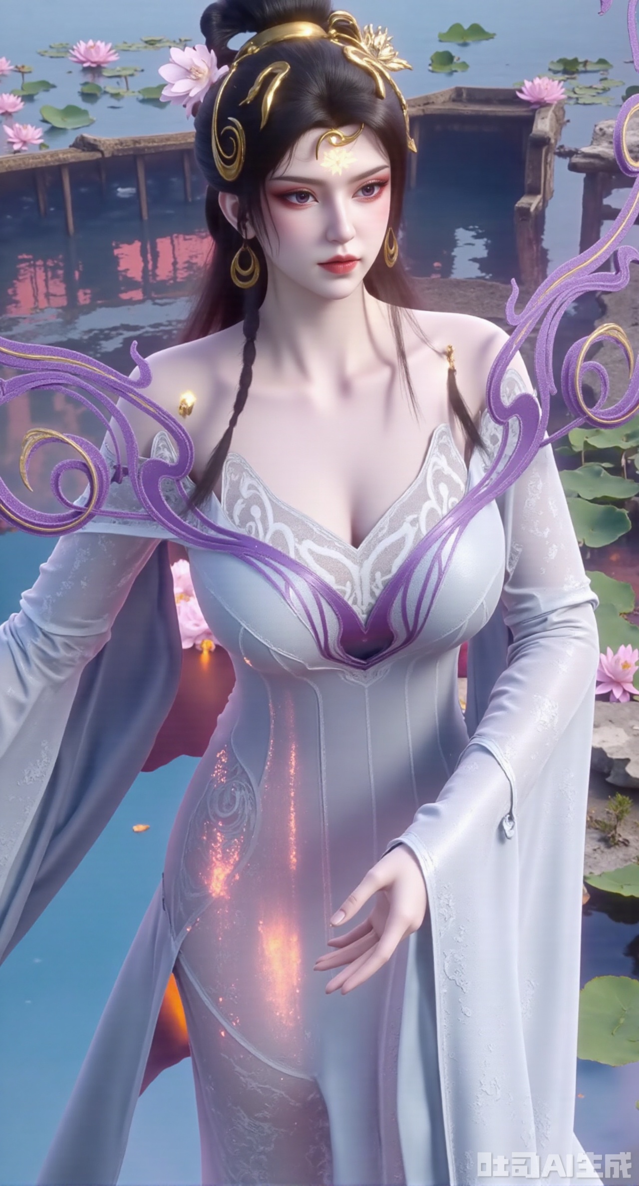 (masterpiece, best quality:1.2),1girl, navel, solo, midriff, bare shoulders, hair ornament, flower, hair flower, black hair, red lips,BREAK, (looking at viewer:1.39), chinese clothes,(Holographic long dress:1.39), (lace,Rainbow Gradient Color:1.29),BREAK,purple eyes,blurry, solo focus, long hair, lips, daytime, lipstick, outdoors, (upper body,,Long legs:1.29), blurry,(huge breasts,full breasts:2.41), background, 1girl, makeup, hair bun,(Blue sky:1.39),(Suzhou Garden Lotus Pond,lotus,Lotus Leaf:1.39),(huge breasts:2.99),(full breasts:2.99),(Background with traditional Chinese architecture, lotus pond and lotus flowers:1.39),,Xhanfududou,Xsongzhihanfu,Xlujiajia,Xyanqingfei,XfuqingyunY,Xtangqixiongshanqun,Xfeitianhanfu,Xqinghannu,XmeijiX2,XmeijiX