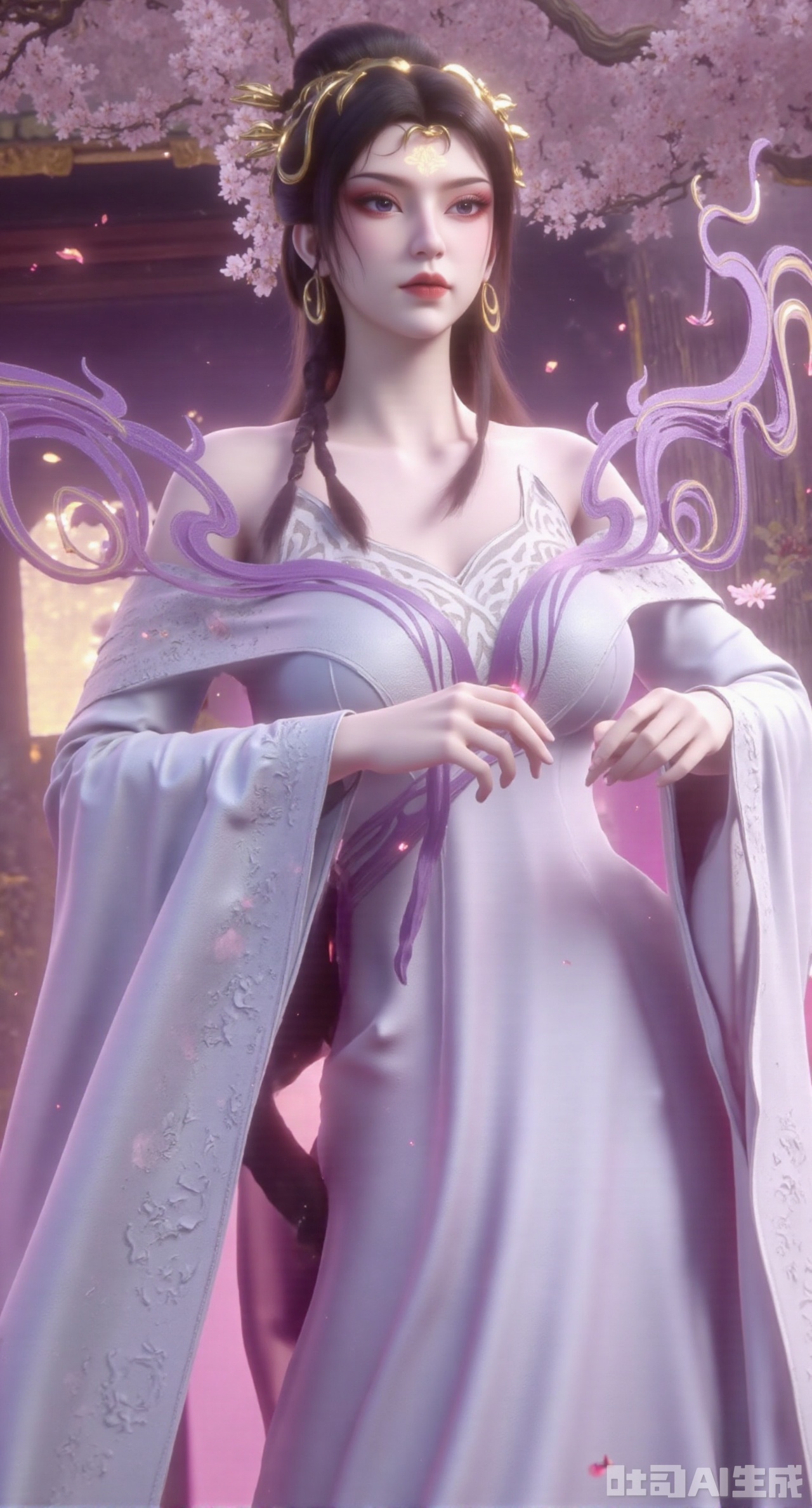 (masterpiece, best quality:1.2),1girl, solo, long hair, breasts, looking at viewer, large breasts, hair ornament, dress, bare shoulders, jewelry, purple eyes, long hair, flower, earrings, outdoors, parted lips, necklace, hand on hip, petals, hanfu dress, cherry blossoms, long dress, architecture, east asian architecture, falling petals,(gigantic breasts:2.99),(full breasts:2.99),,Xhanfududou,Xsongzhihanfu,Xlujiajia,Xyanqingfei,XfuqingyunY,Xtangqixiongshanqun,Xfeitianhanfu,Xqinghannu,XmeijiX2,XmeijiX