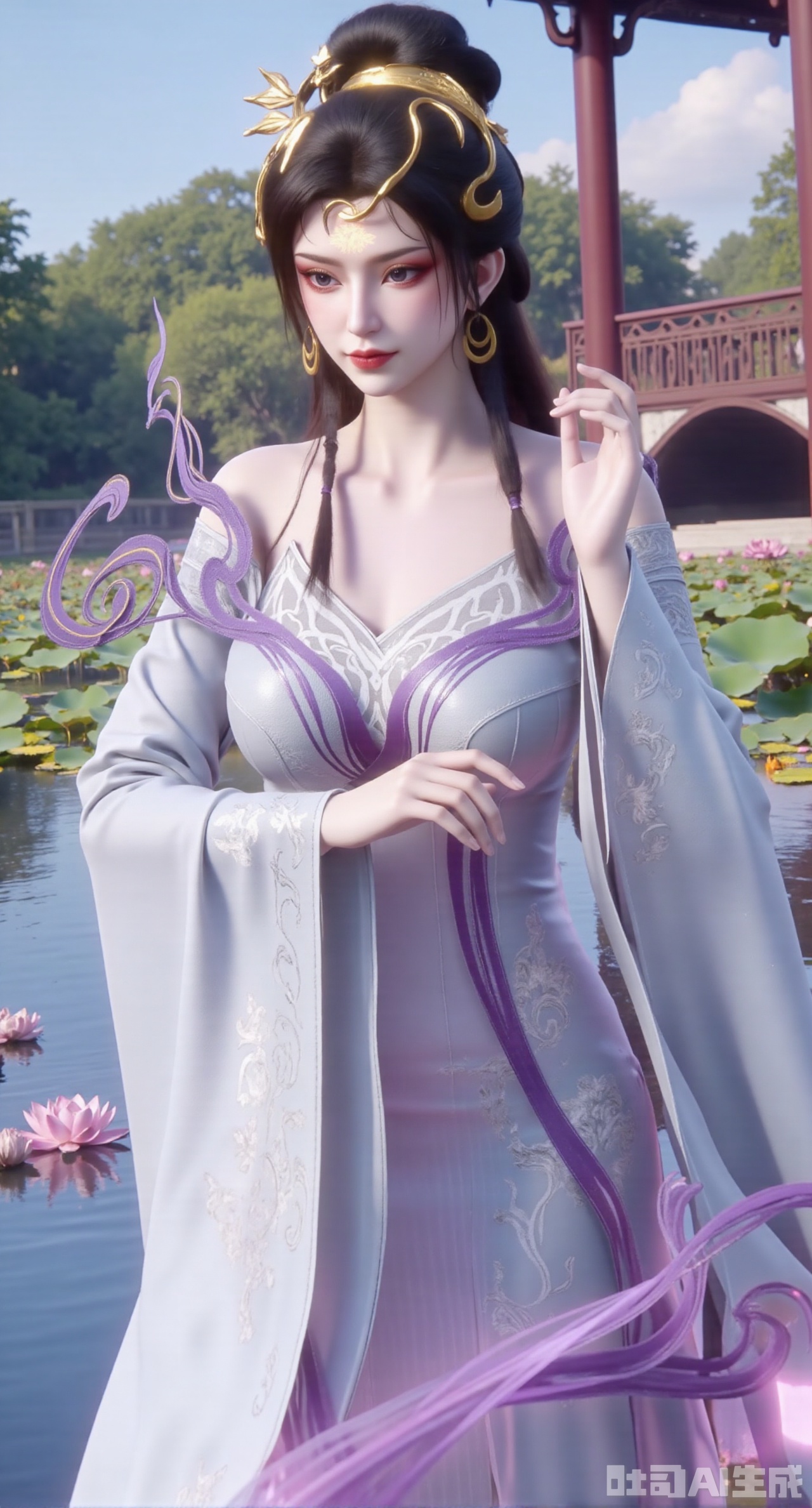 (masterpiece, best quality:1.2),1girl, navel, solo, midriff, bare shoulders, hair ornament, flower, hair flower, black hair, red lips,BREAK, (looking at viewer:1.39), chinese clothes,(Holographic long dress:1.39), (lace,Rainbow Gradient Color:1.29),BREAK,purple eyes,blurry, solo focus, long hair, lips, daytime, lipstick, outdoors, (upper body,,Long legs:1.29), blurry,(huge breasts,full breasts:2.41), background, 1girl, makeup, hair bun,(Blue sky:1.39),(Suzhou Garden Lotus Pond,lotus,Lotus Leaf:1.39),(huge breasts:2.99),(full breasts:2.99),(Background with traditional Chinese architecture, lotus pond and lotus flowers:1.39),,Xhanfududou,Xsongzhihanfu,Xlujiajia,Xyanqingfei,XfuqingyunY,Xtangqixiongshanqun,Xfeitianhanfu,Xqinghannu,XmeijiX2,XmeijiX