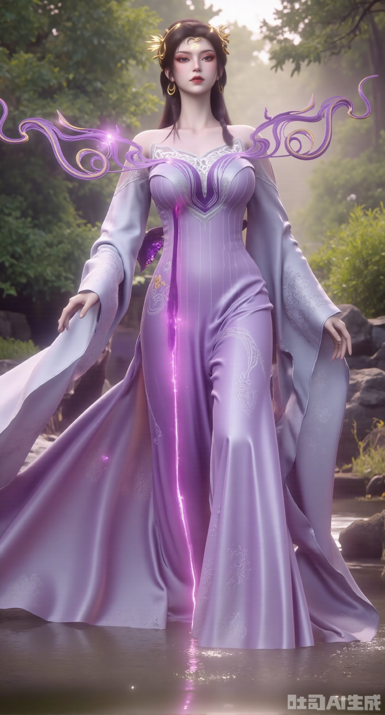 (masterpiece,best quality:1.23),Long - legged and enchanting beauty in a purple long gown with a fairy - like glow, against a background of a quiet bamboo forest in the morning mist,(huge breasts, full breasts:2.98),Xhanfududou,Xsongzhihanfu,Xlujiajia,Xyanqingfei,XfuqingyunY,Xtangqixiongshanqun,Xfeitianhanfu,Xqinghannu,XmeijiX2,XmeijiX