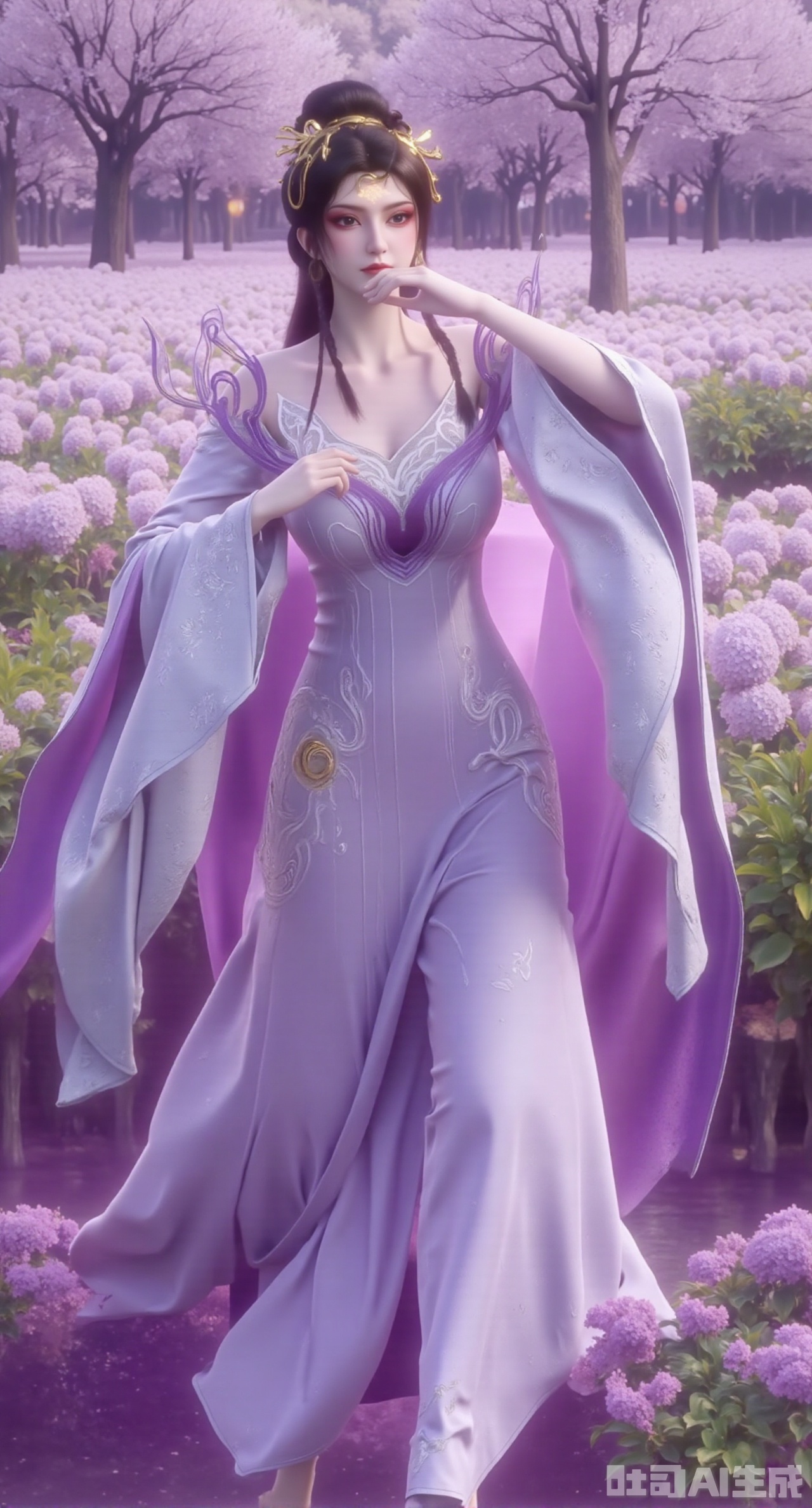 (masterpiece,best quality:1.23),Big - breasted and long - legged beauty in an otherworldly purple long dress, with a field of blooming wisteria as the background,(huge breasts, full breasts:2.98),Xhanfududou,Xsongzhihanfu,Xlujiajia,Xyanqingfei,XfuqingyunY,Xtangqixiongshanqun,Xfeitianhanfu,Xqinghannu,XmeijiX2,XmeijiX