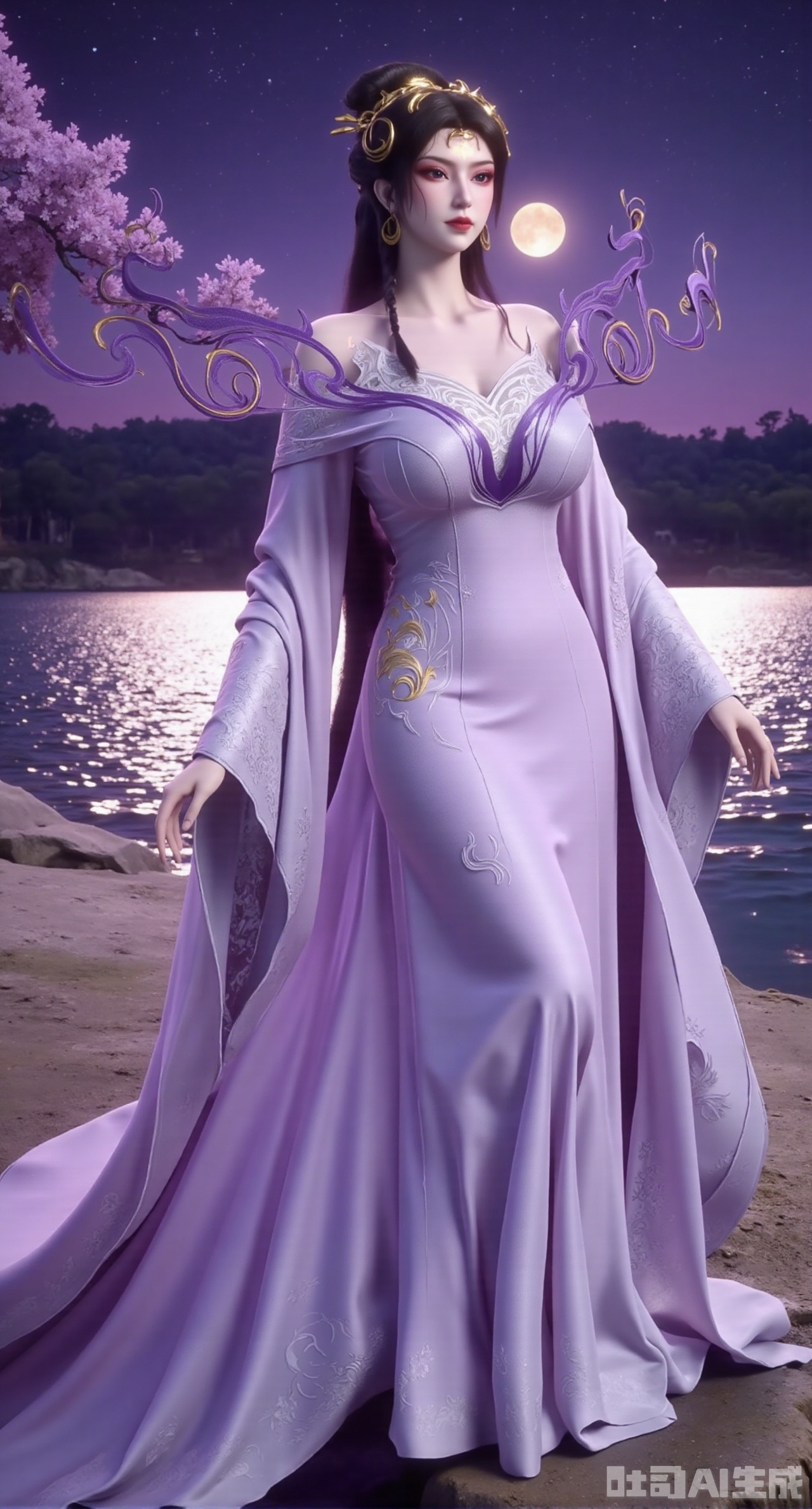 (masterpiece,best quality:1.23),A long - legged and elegant beauty in an airy purple long dress, with a shimmering lake under a moonlit night as the background,(huge breasts, full breasts:2.98),Xhanfududou,Xsongzhihanfu,Xlujiajia,Xyanqingfei,XfuqingyunY,Xtangqixiongshanqun,Xfeitianhanfu,Xqinghannu,XmeijiX2,XmeijiX