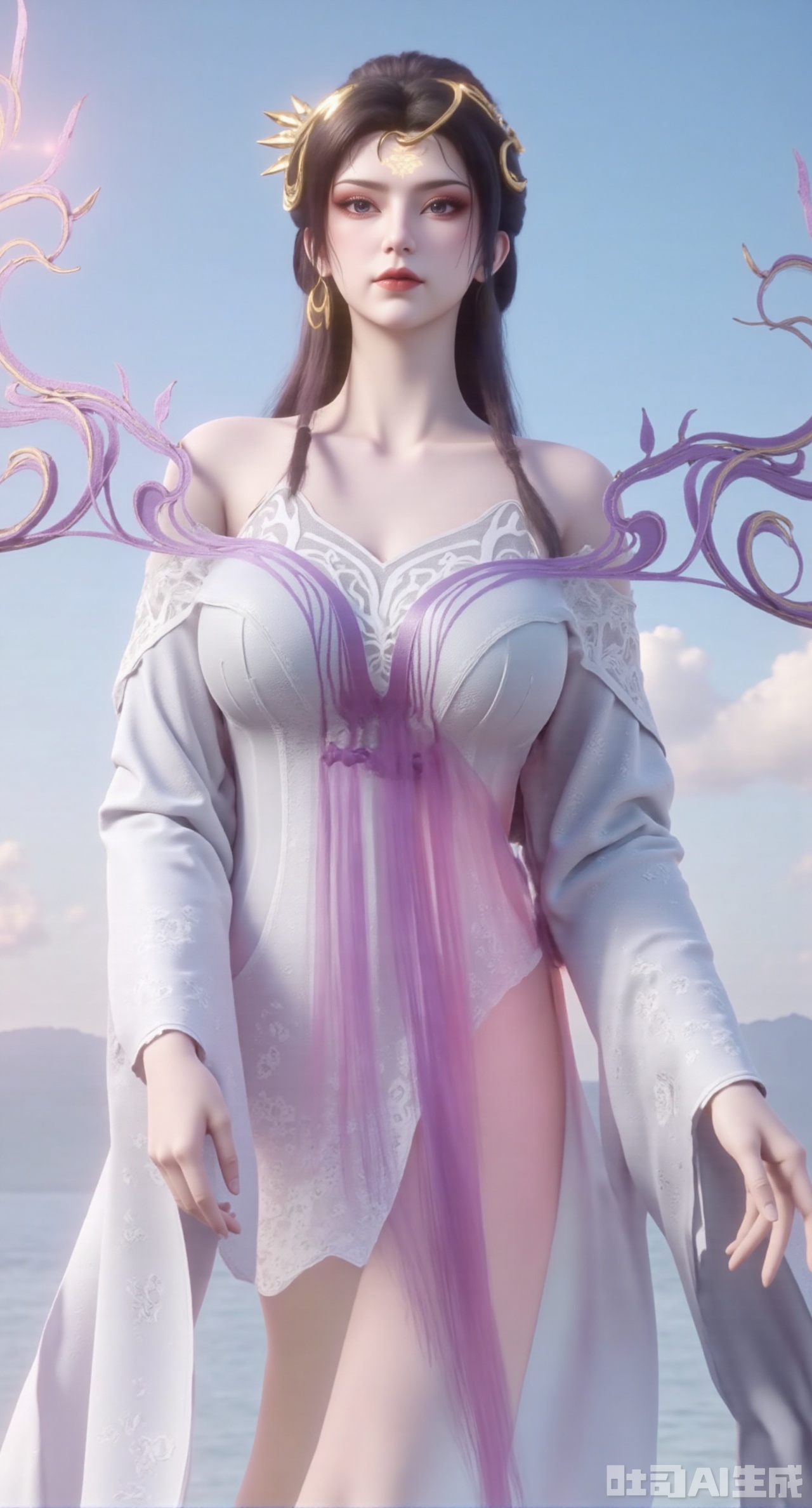 masterpiece, best quality, 1girl,solo,looking at viewer,( outdoor:1.3),sea,beach,realistic,midriff,bare shoulders,standting,hair ornament,long hair,jewelry,long dress,cowboy shot, (huge breasts, full breasts:2.99),,Xhanfududou,Xsongzhihanfu,Xlujiajia,Xyanqingfei,XfuqingyunY,Xtangqixiongshanqun,Xfeitianhanfu,Xqinghannu,XmeijiX2,XmeijiX
