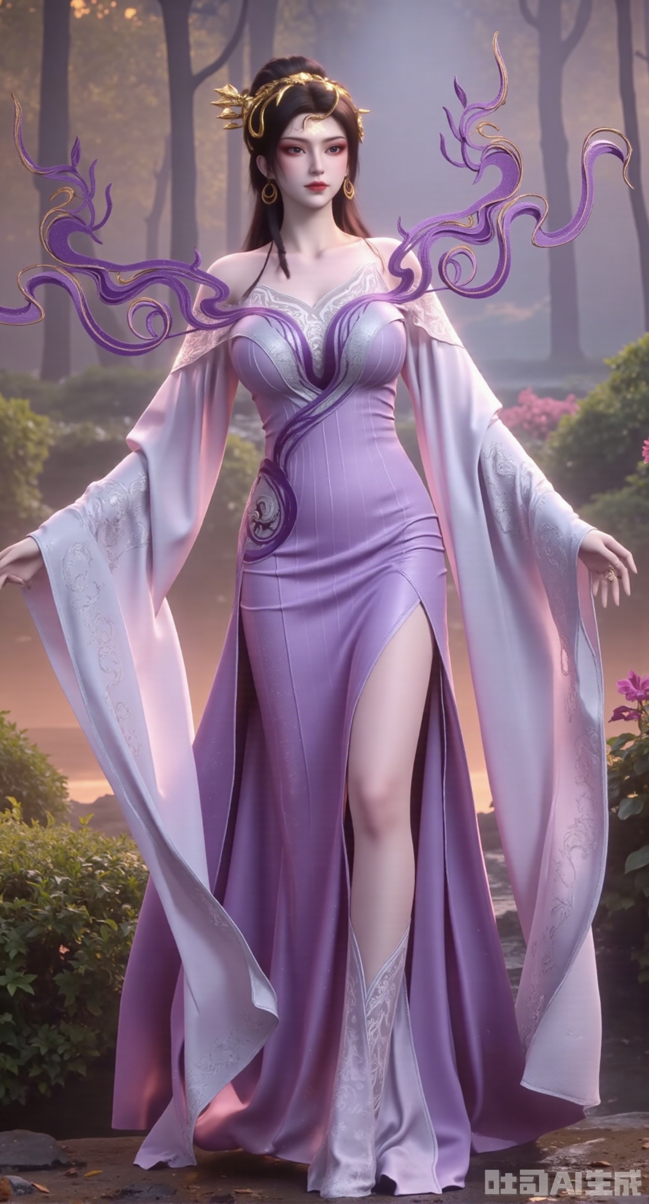 (masterpiece,best quality:1.23),Long - legged and enchanting beauty in a purple long gown with a fairy - like glow, against a background of a quiet bamboo forest in the morning mist,(huge breasts, full breasts:2.98),Xhanfududou,Xsongzhihanfu,Xlujiajia,Xyanqingfei,XfuqingyunY,Xtangqixiongshanqun,Xfeitianhanfu,Xqinghannu,XmeijiX2,XmeijiX