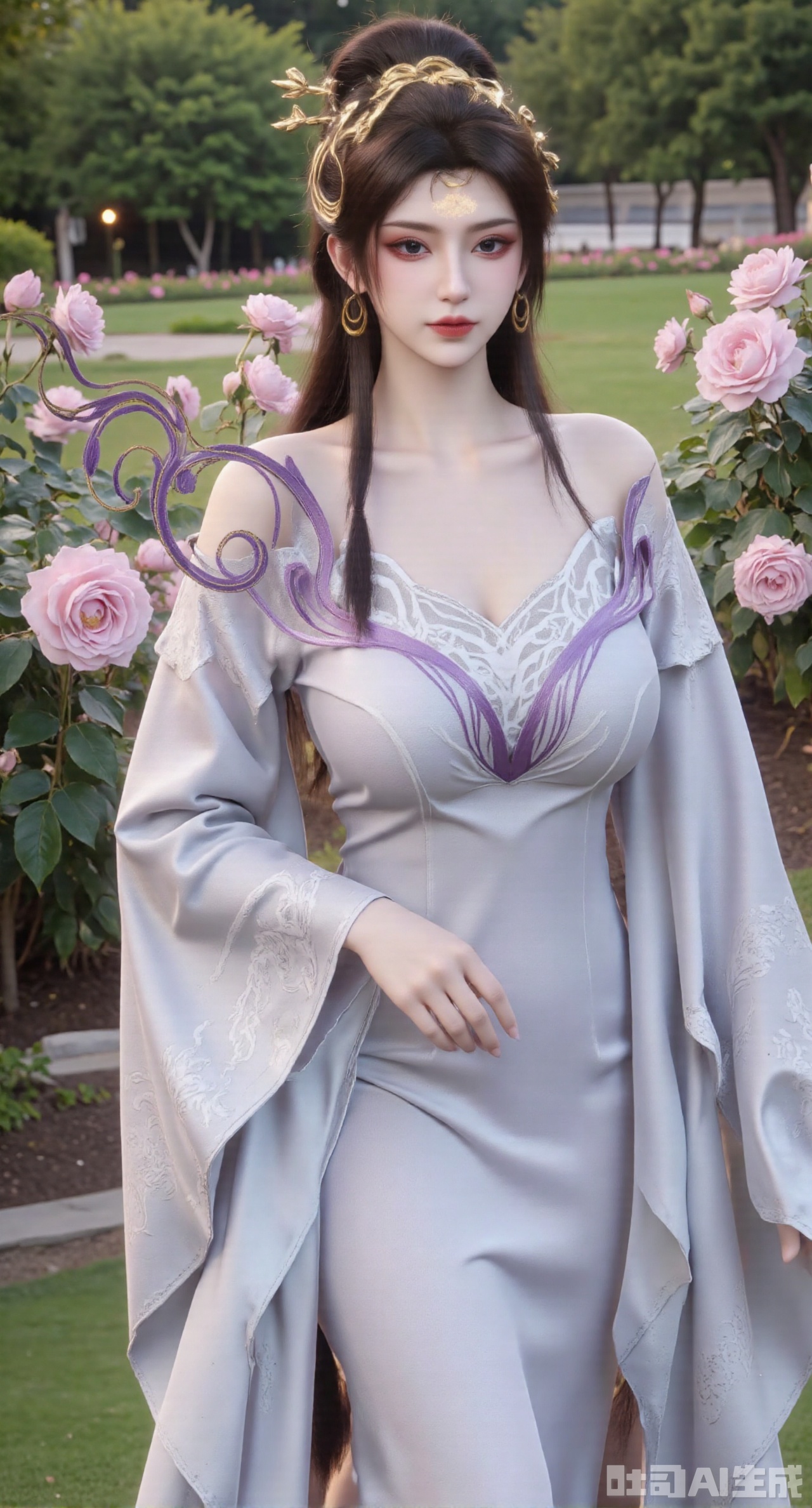 masterpiece:1.2),best quality,,A woman adorned in traditional Chinese attire,featuring a flowing robe with intricate embroidery and floral accents. A garden filled with pink roses and lush greenery. Soft pastel hues of white,blue,and green,creating a serene atmosphere. Photorealistic photography.,,(huge breasts:2.99),(full breasts:2.99),XyunxiaoYK,Xsonghanfu,XlingyuyxiuX,XlingyuyxiuX2,Xqinghannu,Xtangqixiongshanqun,XmeijiX2,XmeijiX