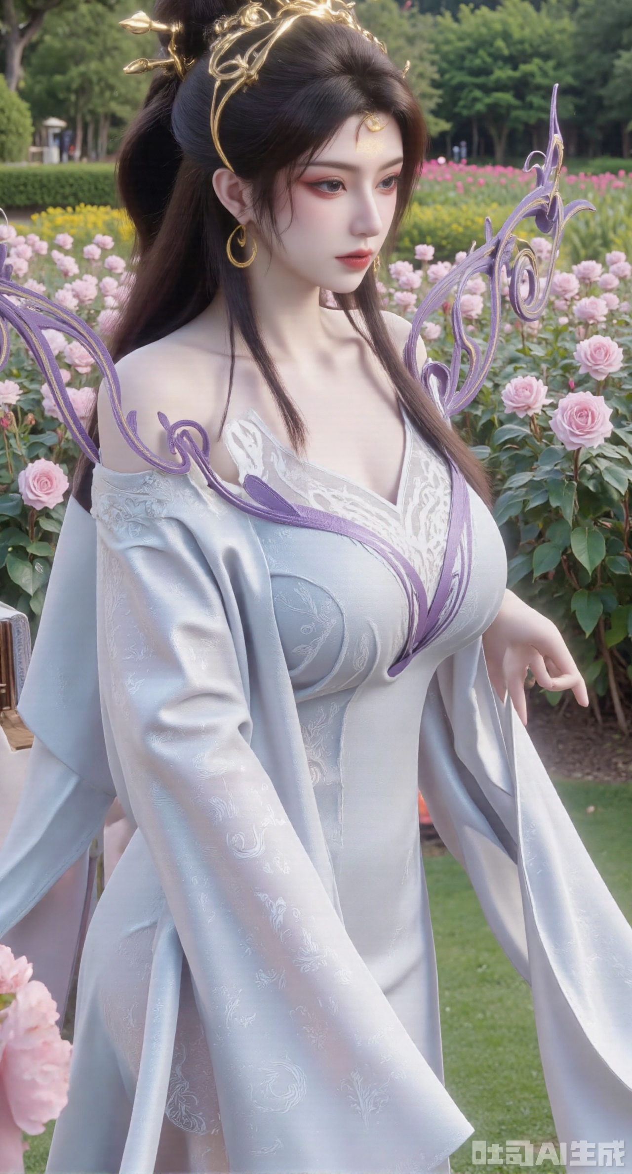 masterpiece:1.2),best quality,,A woman adorned in traditional Chinese attire,featuring a flowing robe with intricate embroidery and floral accents. A garden filled with pink roses and lush greenery. Soft pastel hues of white,blue,and green,creating a serene atmosphere. Photorealistic photography.,,(huge breasts:2.99),(full breasts:2.99),XyunxiaoYK,Xsonghanfu,XlingyuyxiuX,XlingyuyxiuX2,Xqinghannu,Xtangqixiongshanqun,XmeijiX2,XmeijiX