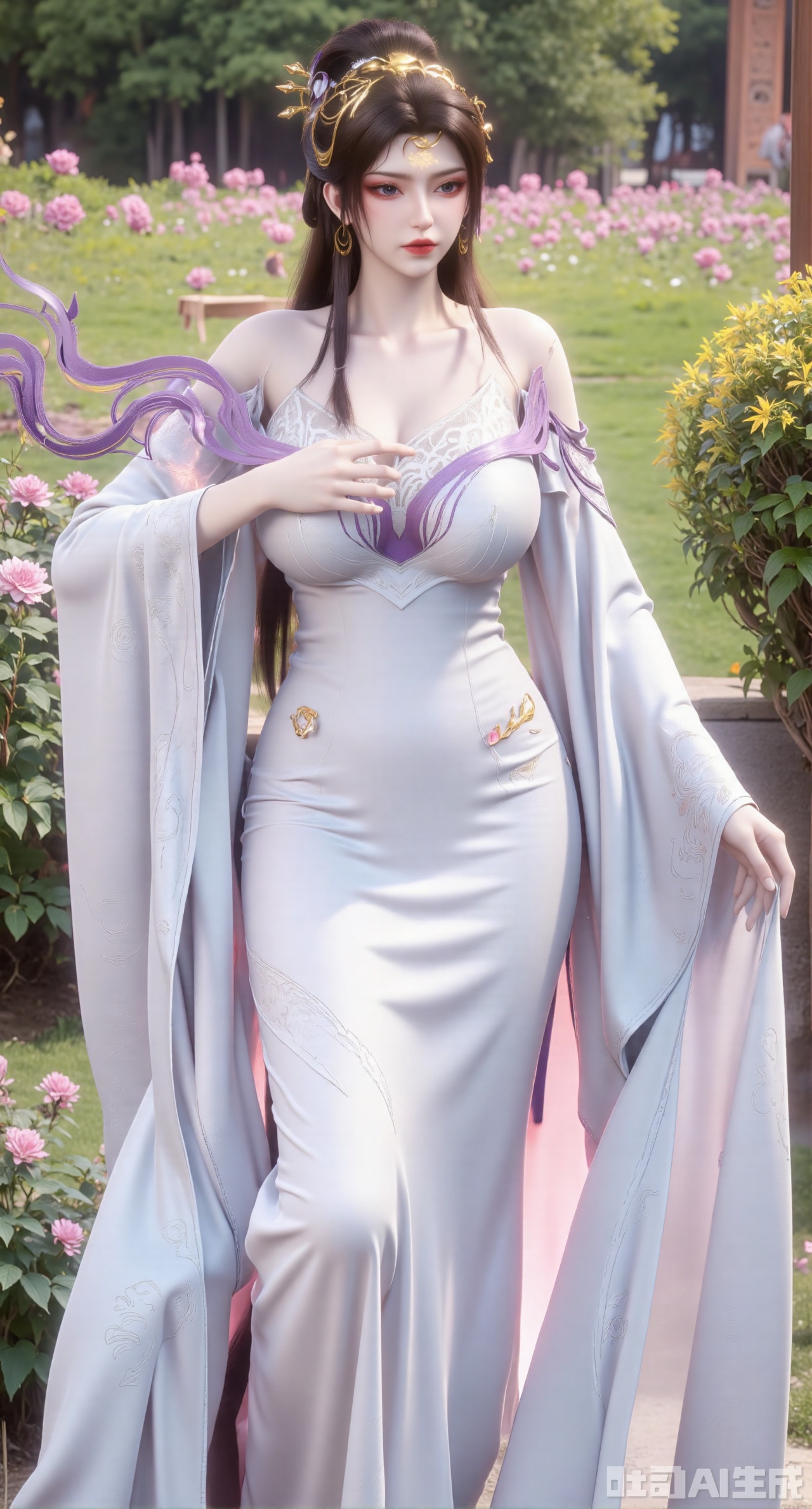 masterpiece:1.2),best quality,,A woman adorned in traditional Chinese attire,featuring a flowing robe with intricate embroidery and floral accents. A garden filled with pink roses and lush greenery. Soft pastel hues of white,blue,and green,creating a serene atmosphere. Photorealistic photography.,,(huge breasts:2.99),(full breasts:2.99),XyunxiaoYK,Xsonghanfu,XlingyuyxiuX,XlingyuyxiuX2,Xqinghannu,Xtangqixiongshanqun,XmeijiX2,XmeijiX