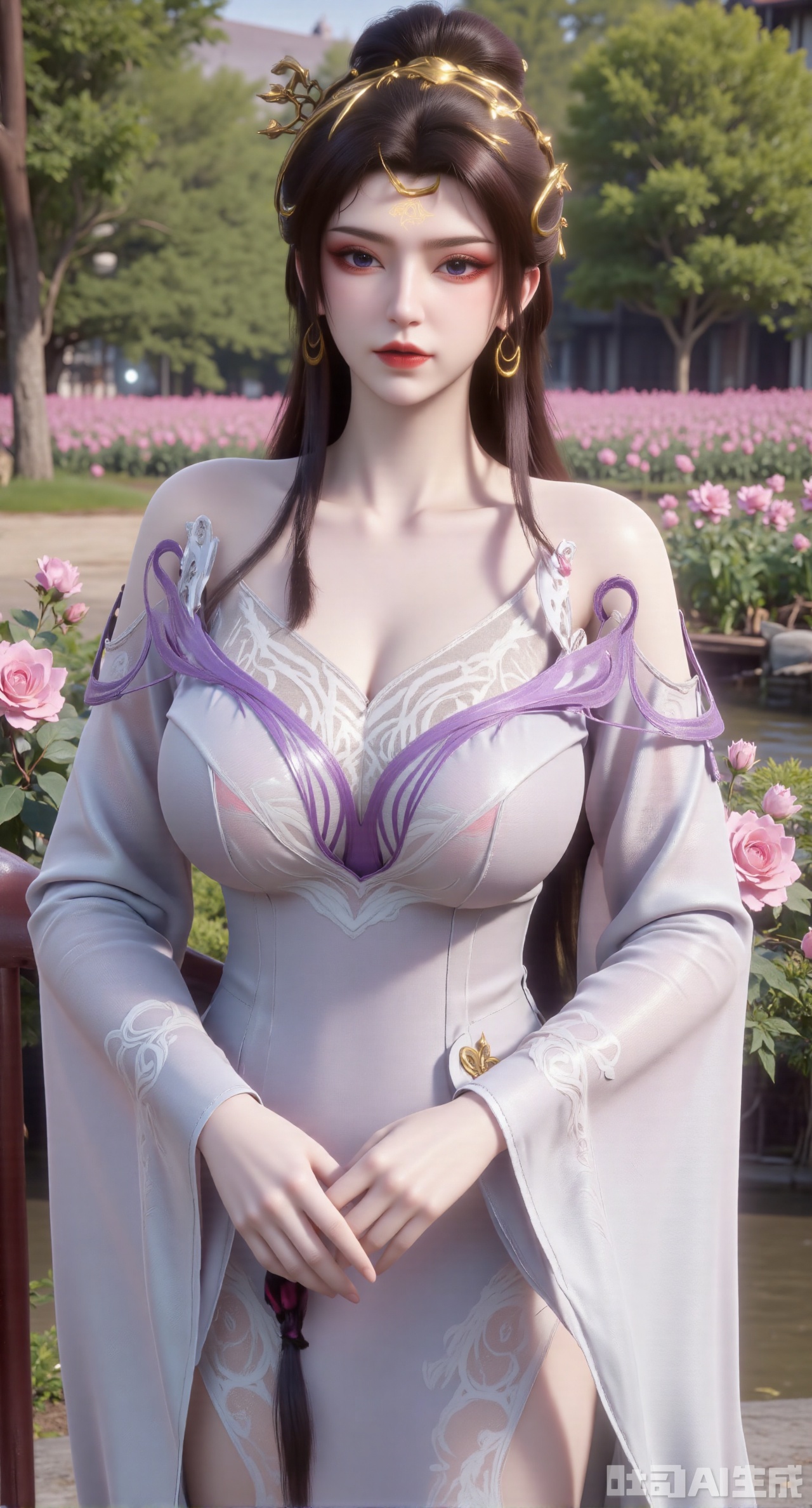 masterpiece:1.2),best quality,,A woman adorned in traditional Chinese attire,featuring a flowing robe with intricate embroidery and floral accents. A garden filled with pink roses and lush greenery. Soft pastel hues of white,blue,and green,creating a serene atmosphere. Photorealistic photography.,,(huge breasts:2.99),(full breasts:2.99),XyunxiaoYK,Xsonghanfu,XlingyuyxiuX,XlingyuyxiuX2,Xqinghannu,Xtangqixiongshanqun,XmeijiX2,XmeijiX