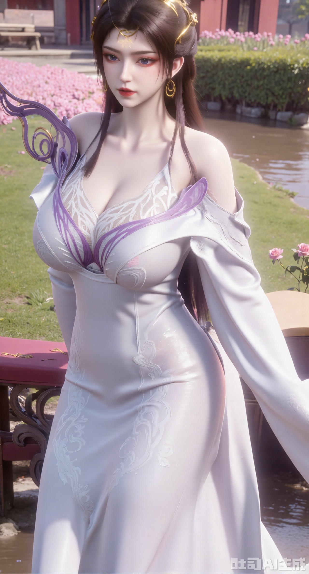 masterpiece:1.2),best quality,,A woman adorned in traditional Chinese attire,featuring a flowing robe with intricate embroidery and floral accents. A garden filled with pink roses and lush greenery. Soft pastel hues of white,blue,and green,creating a serene atmosphere. Photorealistic photography.,,(huge breasts:2.99),(full breasts:2.99),XyunxiaoYK,Xsonghanfu,XlingyuyxiuX,XlingyuyxiuX2,Xqinghannu,Xtangqixiongshanqun,XmeijiX2,XmeijiX
