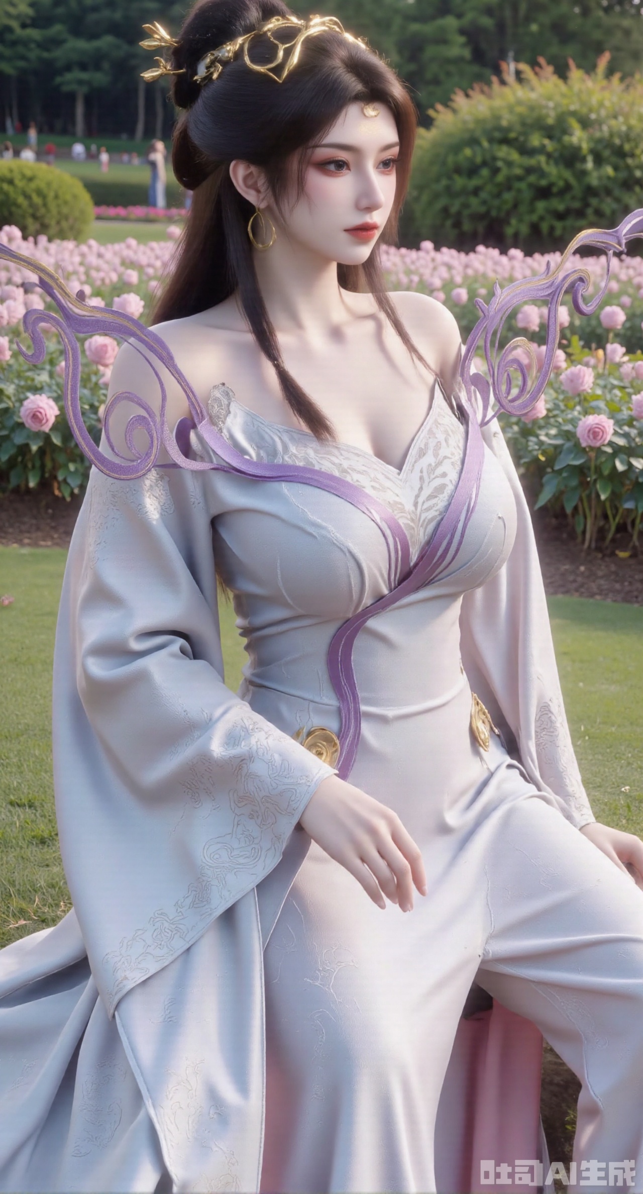 masterpiece:1.2),best quality,,A woman adorned in traditional Chinese attire,featuring a flowing robe with intricate embroidery and floral accents. A garden filled with pink roses and lush greenery. Soft pastel hues of white,blue,and green,creating a serene atmosphere. Photorealistic photography.,,(huge breasts:2.99),(full breasts:2.99),XyunxiaoYK,Xsonghanfu,XlingyuyxiuX,XlingyuyxiuX2,Xqinghannu,Xtangqixiongshanqun,XmeijiX2,XmeijiX