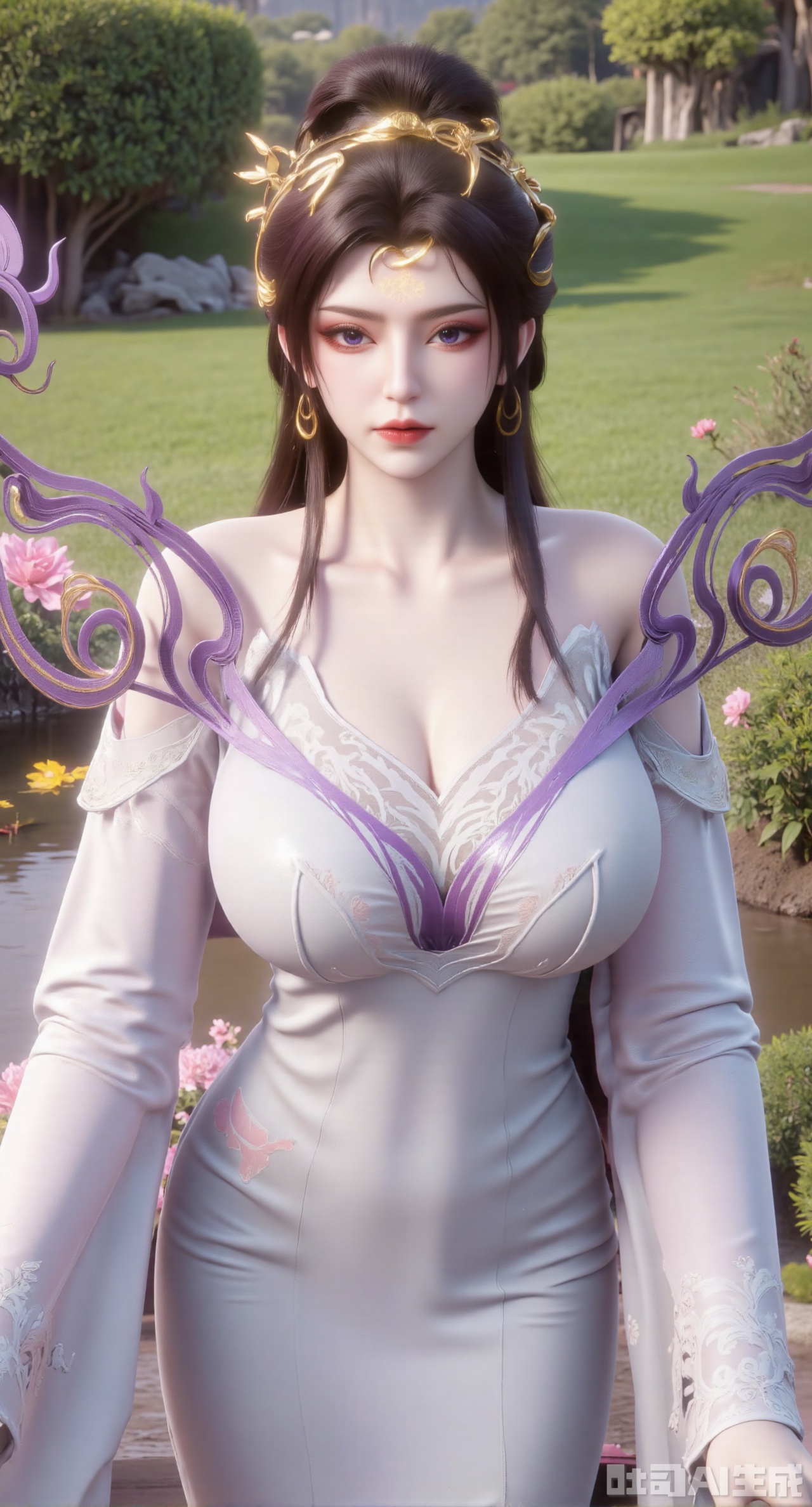 masterpiece:1.2),best quality,,A woman adorned in traditional Chinese attire,featuring a flowing robe with intricate embroidery and floral accents. A garden filled with pink roses and lush greenery. Soft pastel hues of white,blue,and green,creating a serene atmosphere. Photorealistic photography.,,(huge breasts:2.99),(full breasts:2.99),XyunxiaoYK,Xsonghanfu,XlingyuyxiuX,XlingyuyxiuX2,Xqinghannu,Xtangqixiongshanqun,XmeijiX2,XmeijiX