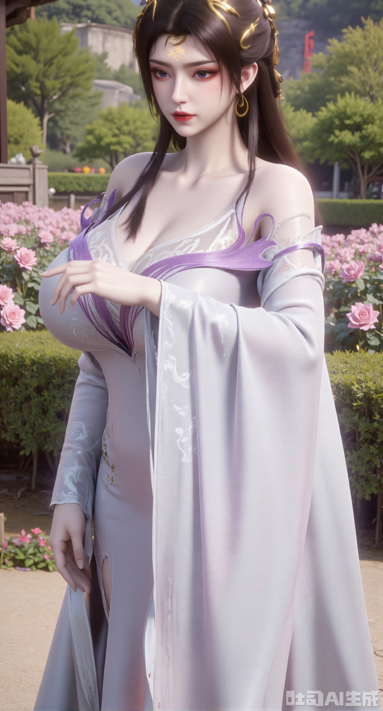 masterpiece:1.2),best quality,,A woman adorned in traditional Chinese attire,featuring a flowing robe with intricate embroidery and floral accents. A garden filled with pink roses and lush greenery. Soft pastel hues of white,blue,and green,creating a serene atmosphere. Photorealistic photography.,,(huge breasts:2.99),(full breasts:2.99),XyunxiaoYK,Xsonghanfu,XlingyuyxiuX,XlingyuyxiuX2,Xqinghannu,Xtangqixiongshanqun,XmeijiX2,XmeijiX