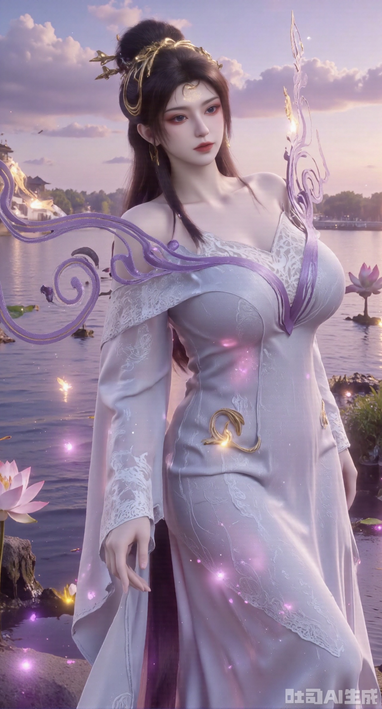 (masterpiece:1.2),best quality,1girl,solo,long hair,long dress,celestial maiden in flowing tulle gown levitates above lotus pond, ethereal mist trails from hair ribbons, mythical Penglai paradise emerges through clouds with glowing pavilions, translucent bioluminescent lotus blooms, flock of cranes gliding over water surface, ultra HD with soft 3D rendering, morning light filters through mist, falling petal rain, intricate details on scale-patterned fabric and lotus veins.(huge breasts:2.99),(full breasts:2.99),XyunxiaoYK,Xsonghanfu,XlingyuyxiuX,XlingyuyxiuX2,Xqinghannu,Xtangqixiongshanqun,XmeijiX2,XmeijiX