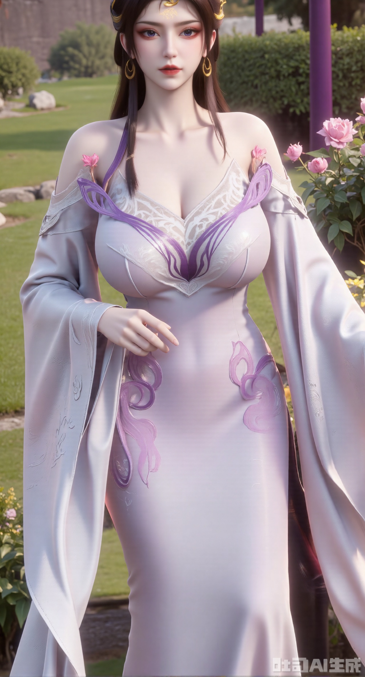 masterpiece:1.2),best quality,,A woman adorned in traditional Chinese attire,featuring a flowing robe with intricate embroidery and floral accents. A garden filled with pink roses and lush greenery. Soft pastel hues of white,blue,and green,creating a serene atmosphere. Photorealistic photography.,,(huge breasts:2.99),(full breasts:2.99),XyunxiaoYK,Xsonghanfu,XlingyuyxiuX,XlingyuyxiuX2,Xqinghannu,Xtangqixiongshanqun,XmeijiX2,XmeijiX