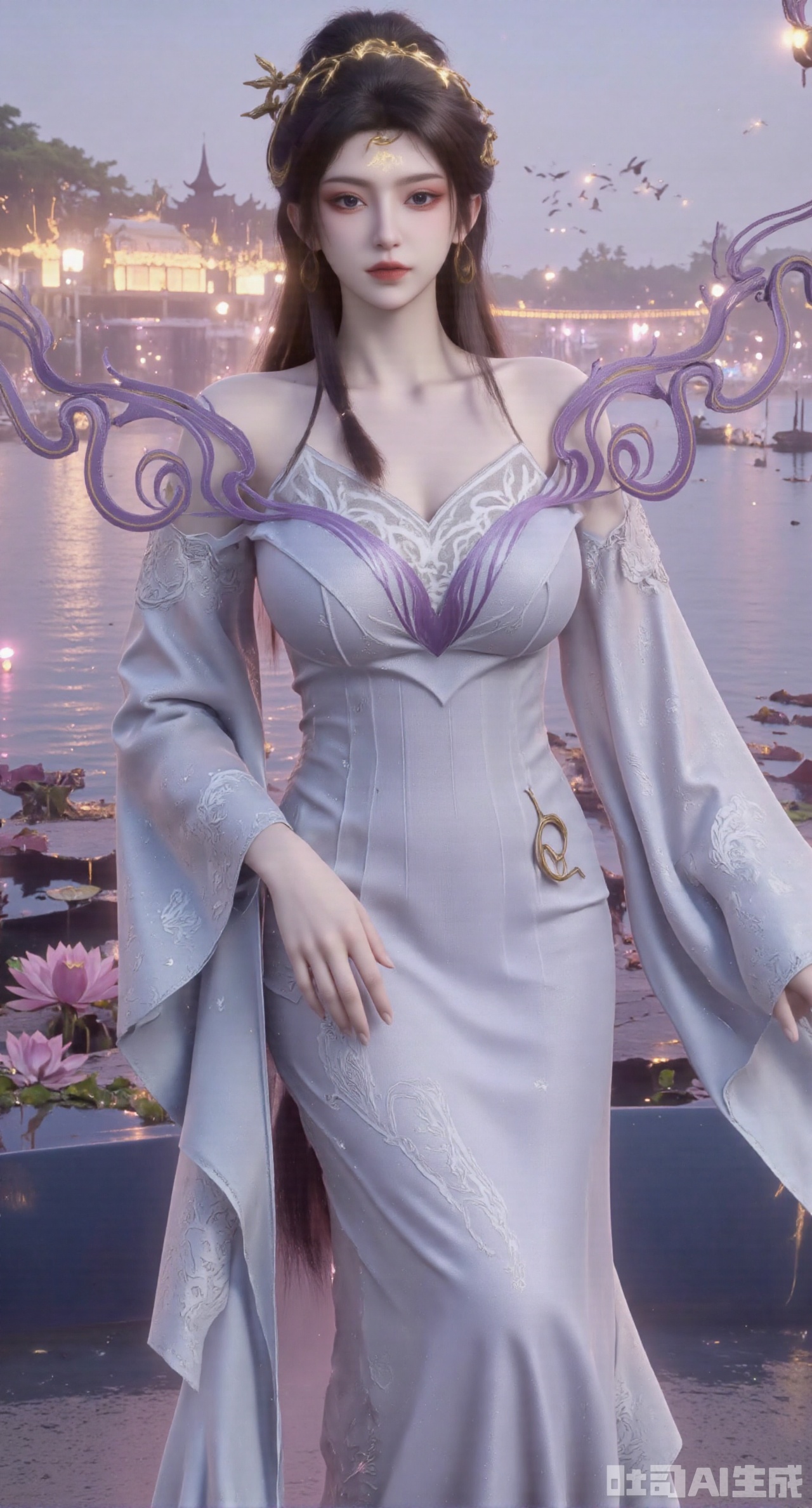 (masterpiece:1.2),best quality,1girl,solo,long hair,long dress,celestial maiden in flowing tulle gown levitates above lotus pond, ethereal mist trails from hair ribbons, mythical Penglai paradise emerges through clouds with glowing pavilions, translucent bioluminescent lotus blooms, flock of cranes gliding over water surface, ultra HD with soft 3D rendering, morning light filters through mist, falling petal rain, intricate details on scale-patterned fabric and lotus veins.(huge breasts:2.99),(full breasts:2.99),XyunxiaoYK,Xsonghanfu,XlingyuyxiuX,XlingyuyxiuX2,Xqinghannu,Xtangqixiongshanqun,XmeijiX2,XmeijiX