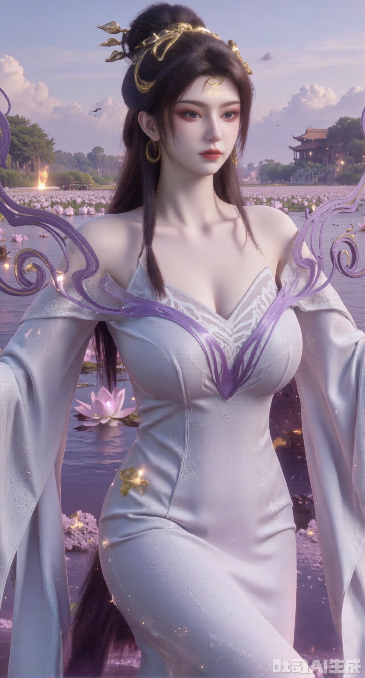 (masterpiece:1.2),best quality,1girl,solo,long hair,long dress,celestial maiden in flowing tulle gown levitates above lotus pond, ethereal mist trails from hair ribbons, mythical Penglai paradise emerges through clouds with glowing pavilions, translucent bioluminescent lotus blooms, flock of cranes gliding over water surface, ultra HD with soft 3D rendering, morning light filters through mist, falling petal rain, intricate details on scale-patterned fabric and lotus veins.(huge breasts:2.99),(full breasts:2.99),XyunxiaoYK,Xsonghanfu,XlingyuyxiuX,XlingyuyxiuX2,Xqinghannu,Xtangqixiongshanqun,XmeijiX2,XmeijiX
