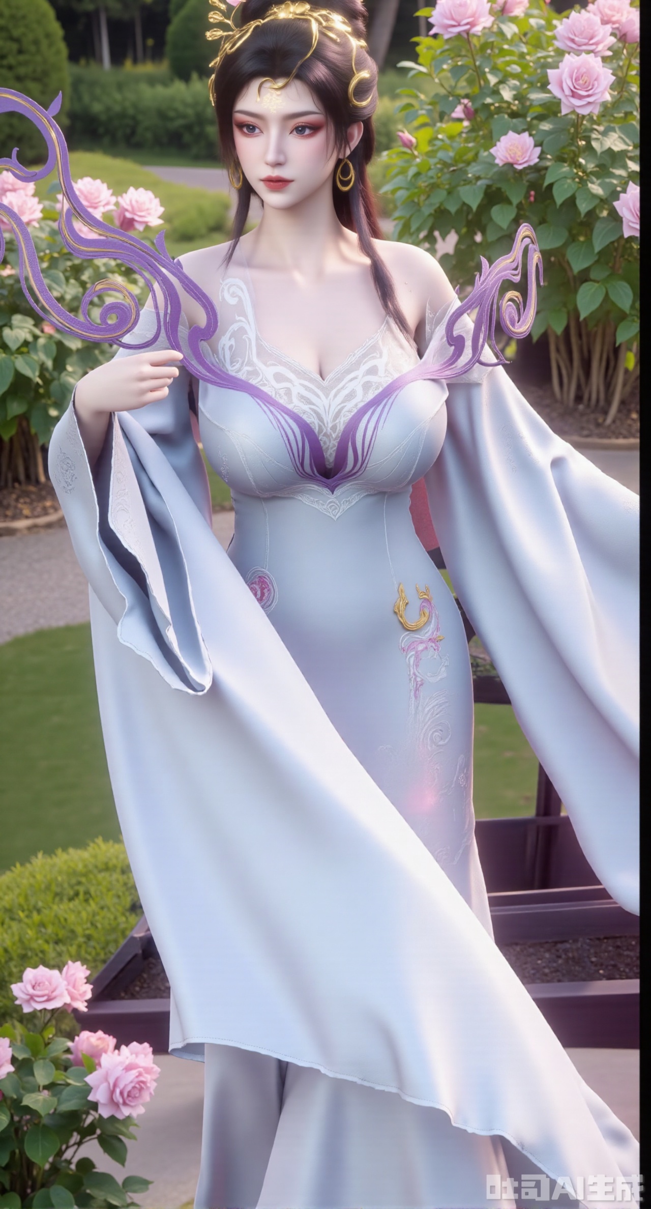 masterpiece:1.2),best quality,,A woman adorned in traditional Chinese attire,featuring a flowing robe with intricate embroidery and floral accents. A garden filled with pink roses and lush greenery. Soft pastel hues of white,blue,and green,creating a serene atmosphere. Photorealistic photography.,,(huge breasts:2.99),(full breasts:2.99),XyunxiaoYK,Xsonghanfu,XlingyuyxiuX,XlingyuyxiuX2,Xqinghannu,Xtangqixiongshanqun,XmeijiX2,XmeijiX