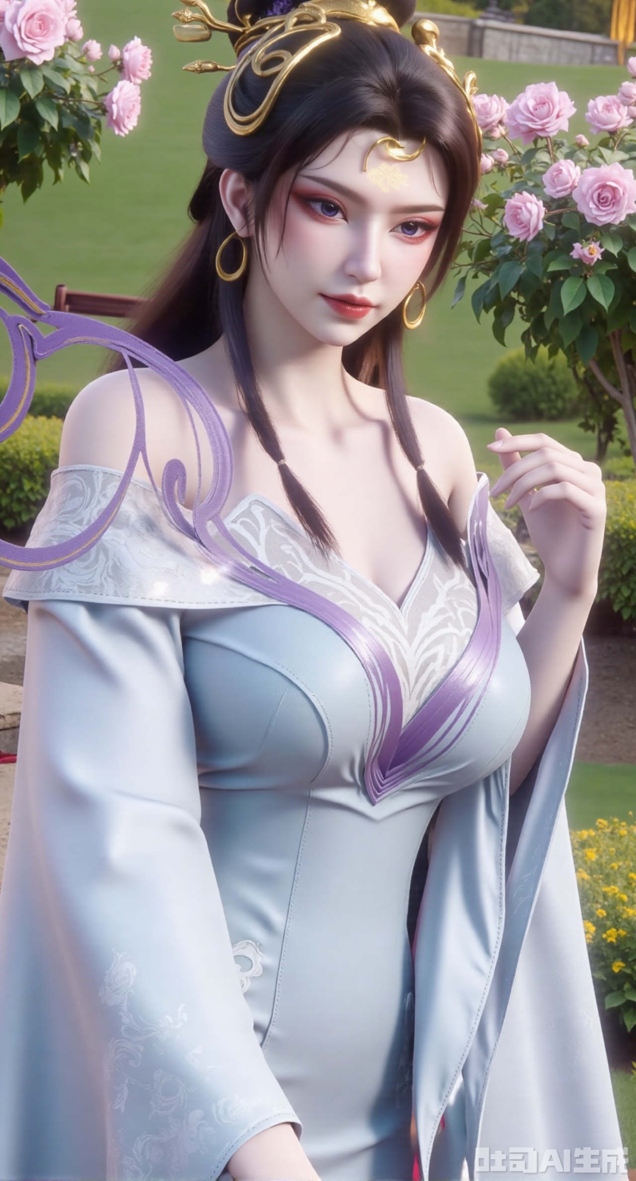 masterpiece:1.2),best quality,,A woman adorned in traditional Chinese attire,featuring a flowing robe with intricate embroidery and floral accents. A garden filled with pink roses and lush greenery. Soft pastel hues of white,blue,and green,creating a serene atmosphere. Photorealistic photography.,,(huge breasts:2.99),(full breasts:2.99),XyunxiaoYK,Xsonghanfu,XlingyuyxiuX,XlingyuyxiuX2,Xqinghannu,Xtangqixiongshanqun,XmeijiX2,XmeijiX