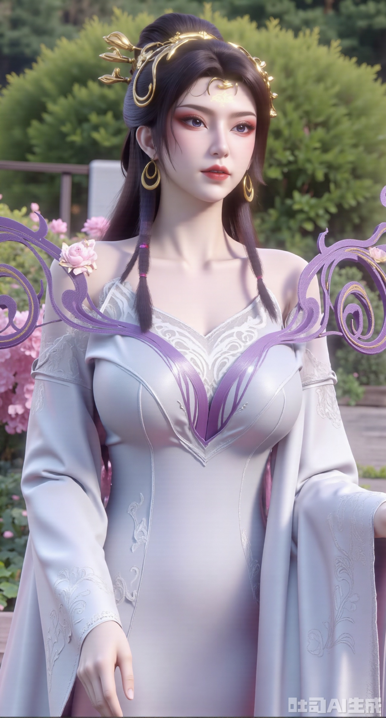 masterpiece:1.2),best quality,,A woman adorned in traditional Chinese attire,featuring a flowing robe with intricate embroidery and floral accents. A garden filled with pink roses and lush greenery. Soft pastel hues of white,blue,and green,creating a serene atmosphere. Photorealistic photography.,,(huge breasts:2.99),(full breasts:2.99),XyunxiaoYK,Xsonghanfu,XlingyuyxiuX,XlingyuyxiuX2,Xqinghannu,Xtangqixiongshanqun,XmeijiX2,XmeijiX