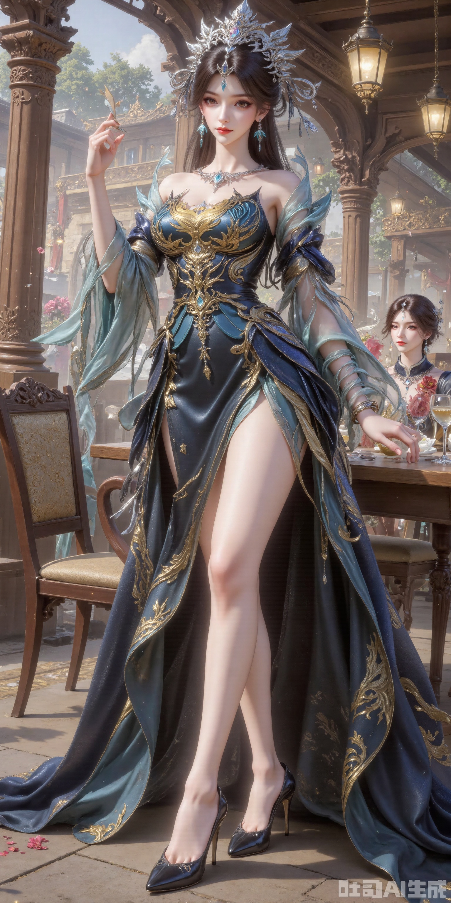 photorealistic,1girl,long hair,asian,pretty,long legs,looking away,Confident and lovely, dress,stiletto heel, breasts,large natural breast,cleavage,slim legs,gigantic_breasts,flesh colored pantyhose,glossy pantyhose,up_skirt,dark  high heels,cafe,building,city,Romantic,close shot,full body,magnificent,masterpiece, realistic, best quality, highly detailed,plsw,lyt,(up_skirt:1.2),huge Breasts,Hair accessories,standing
