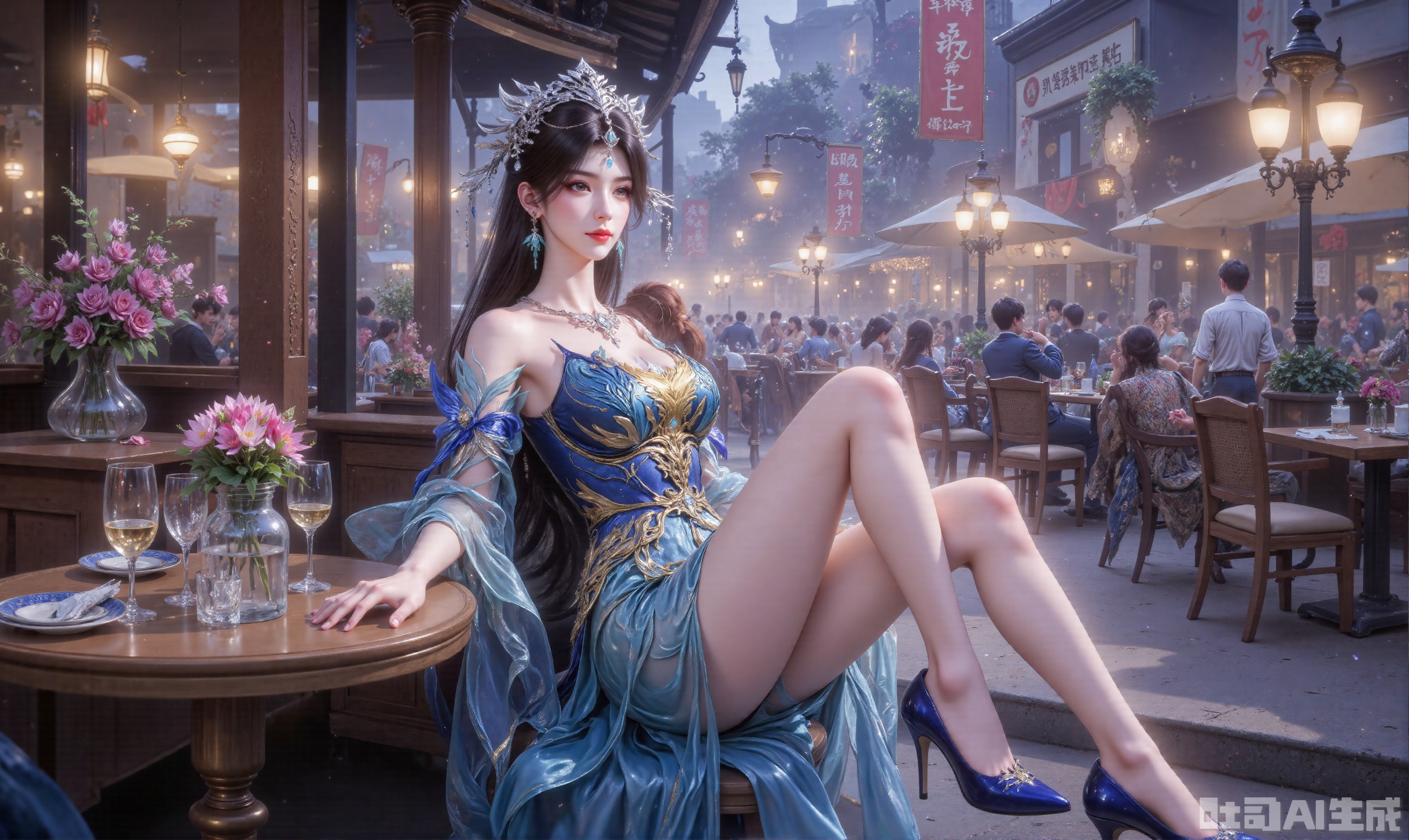 photorealistic,1girl,long hair,asian,pretty,long legs,looking away,Confident and lovely,blue dress,stiletto heel, breasts,large natural breast,cleavage,slim legs,gigantic_breasts,flesh colored pantyhose,glossy pantyhose,up_skirt,dark blue high heels,sitting,cafe,building,city,Romantic,close shot,full body,magnificent,masterpiece, realistic, best quality, highly detailed,plsw,lyt,(up_skirt:1.2),huge Breasts,Hair accessories