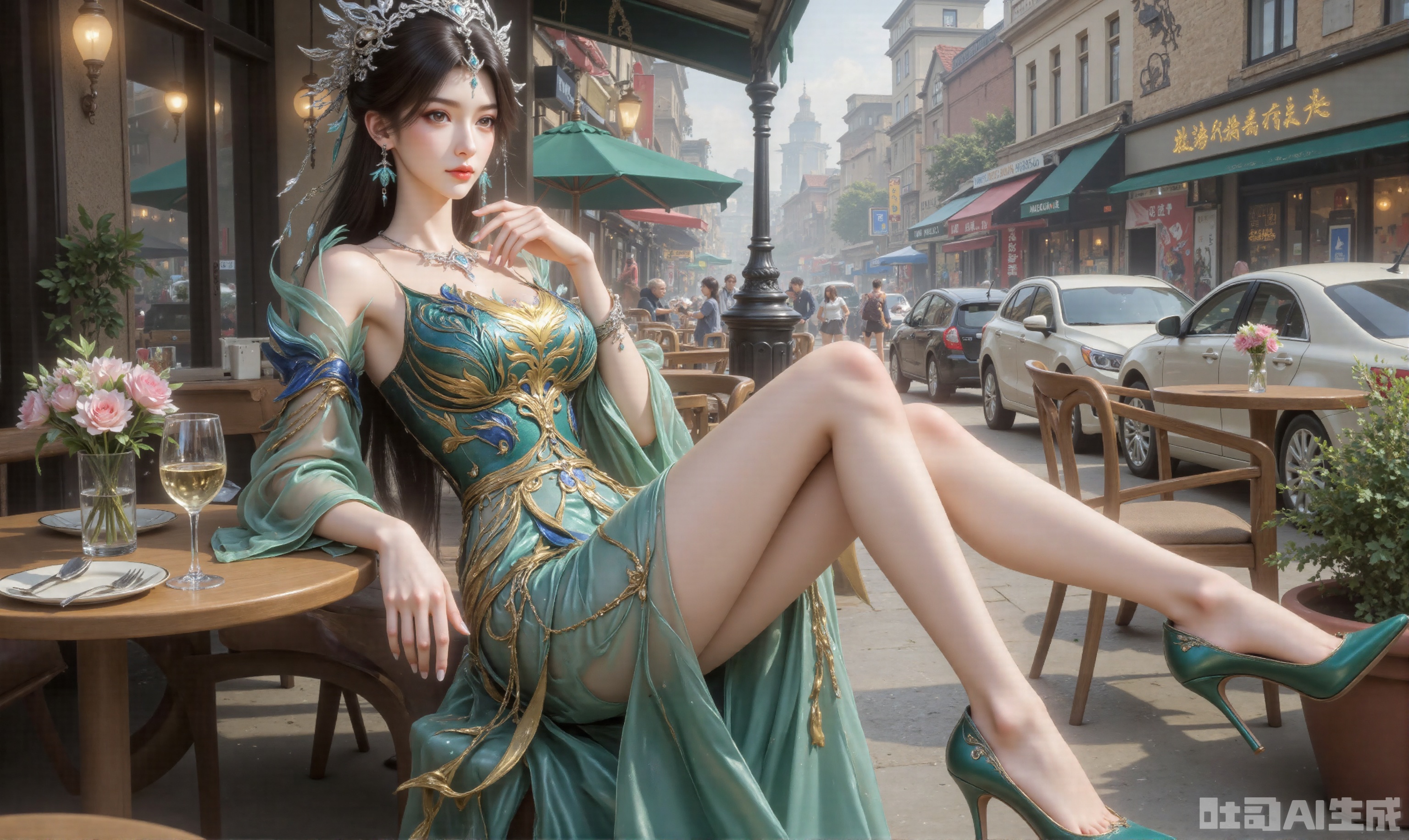 photorealistic,1girl,long hair,asian,pretty,long legs,looking away,Confident and lovely,green dress,stiletto heel, breasts,large natural breast,cleavage,slim legs,gigantic_breasts,flesh colored pantyhose,glossy pantyhose,up_skirt,green high heels,sitting,cafe,building,city,Romantic,close shot,full body,magnificent,masterpiece, realistic, best quality, highly detailed,plsw,lyt,(up_skirt:1.2),huge Breasts,Hair accessories